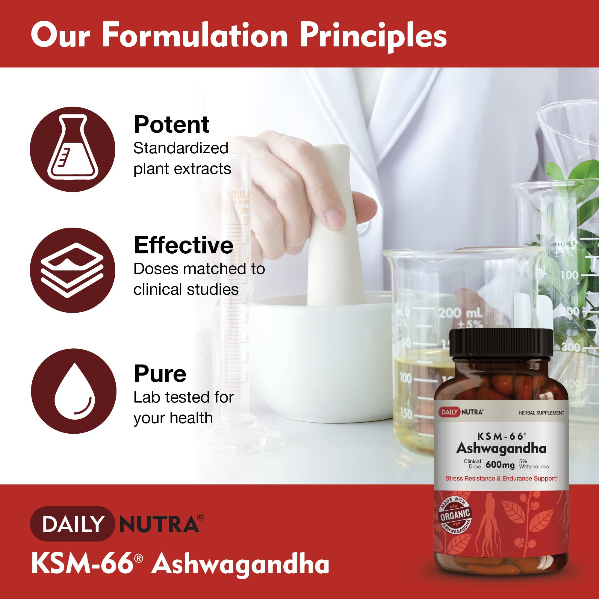 DailyNutra KSM-66 Ashwagandha, vista cercana de la cápsula y sello vegetariano.