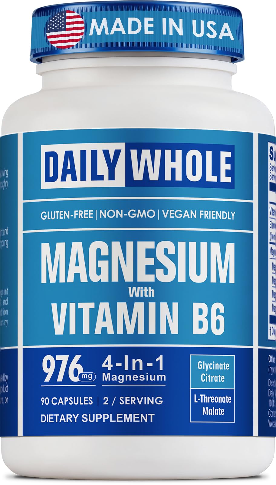 DailyWhole Magnesio glicinato 4-en-1, botella visible, posible apoyo a la relajación muscular