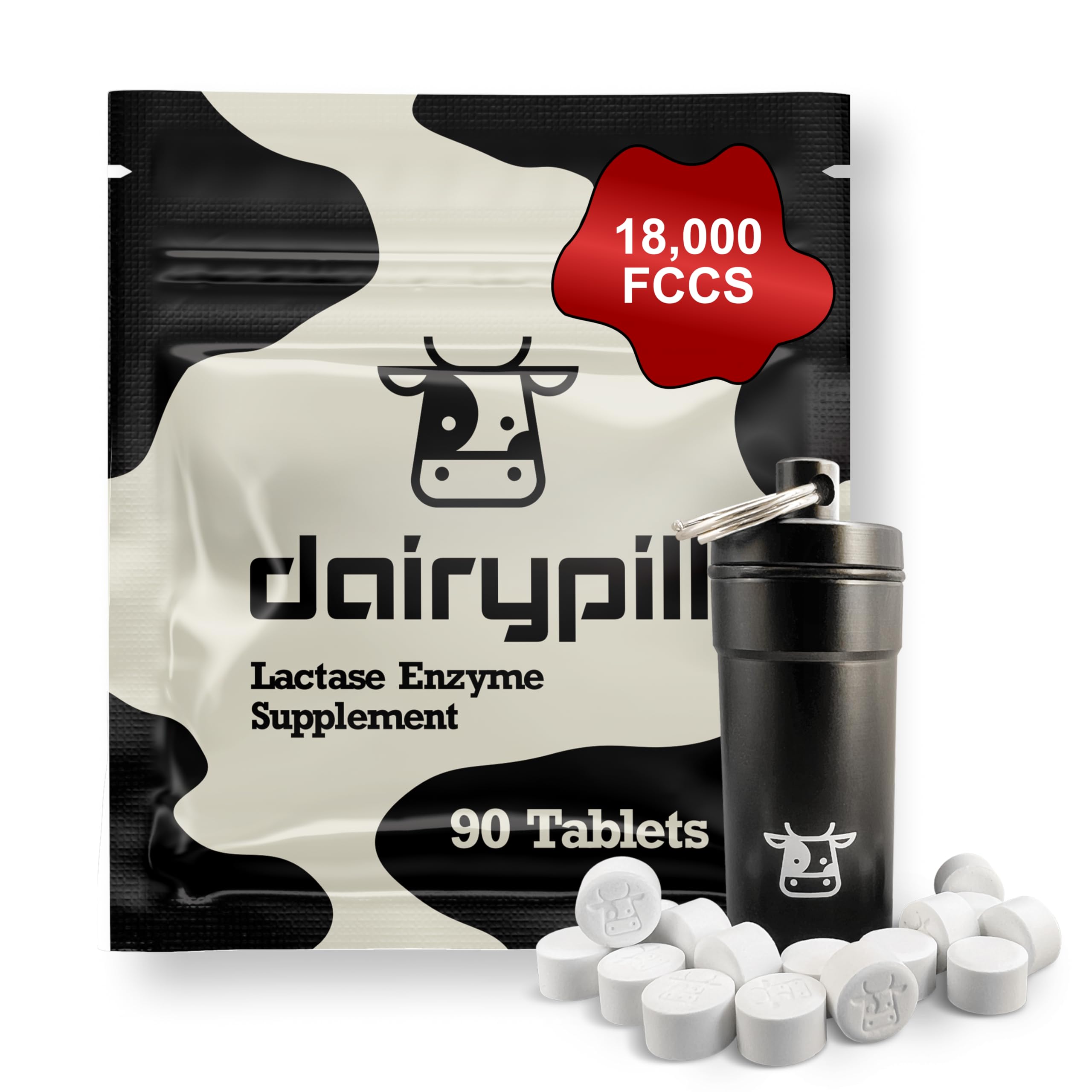 DairyPill Lactasa 18,000, pastilla frontal lista para comer lácteos.