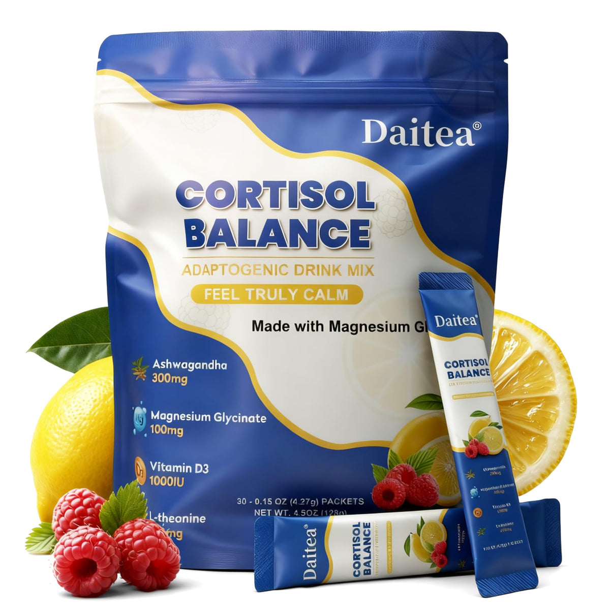 Daitea Cortisol Calm, paquetes individuales frambuesa-limón para llevar y mezclar fácilmente