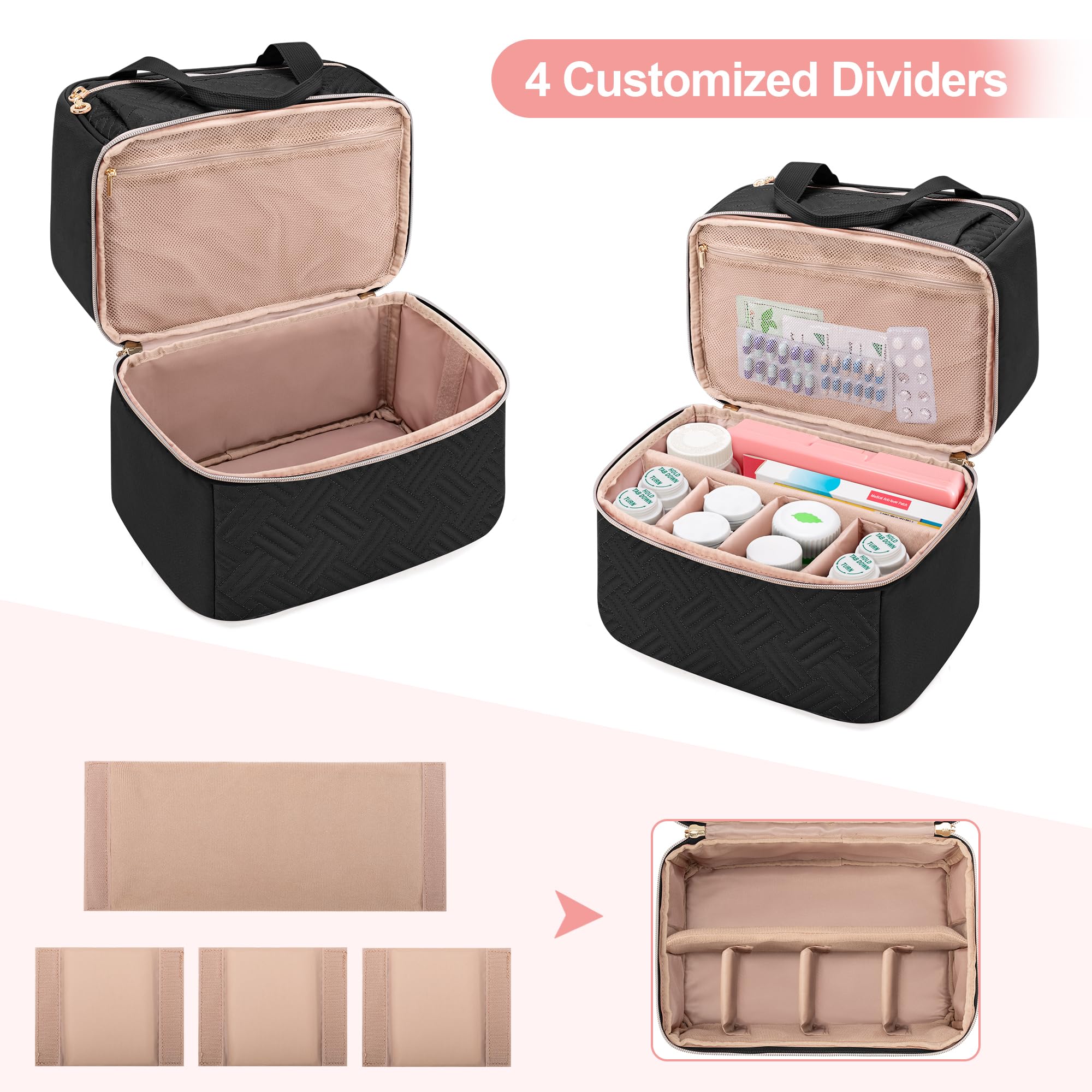 Damero divisores removibles para adaptar el espacio a diferentes envases de medicinas.