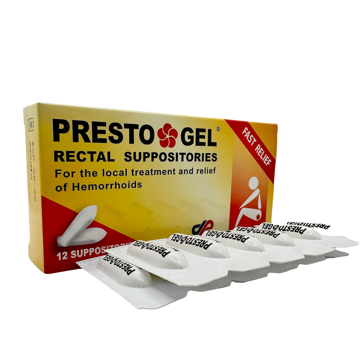 DAN PHARM Presto Gel: envase de 12 supositorios rectales para alivio rápido.