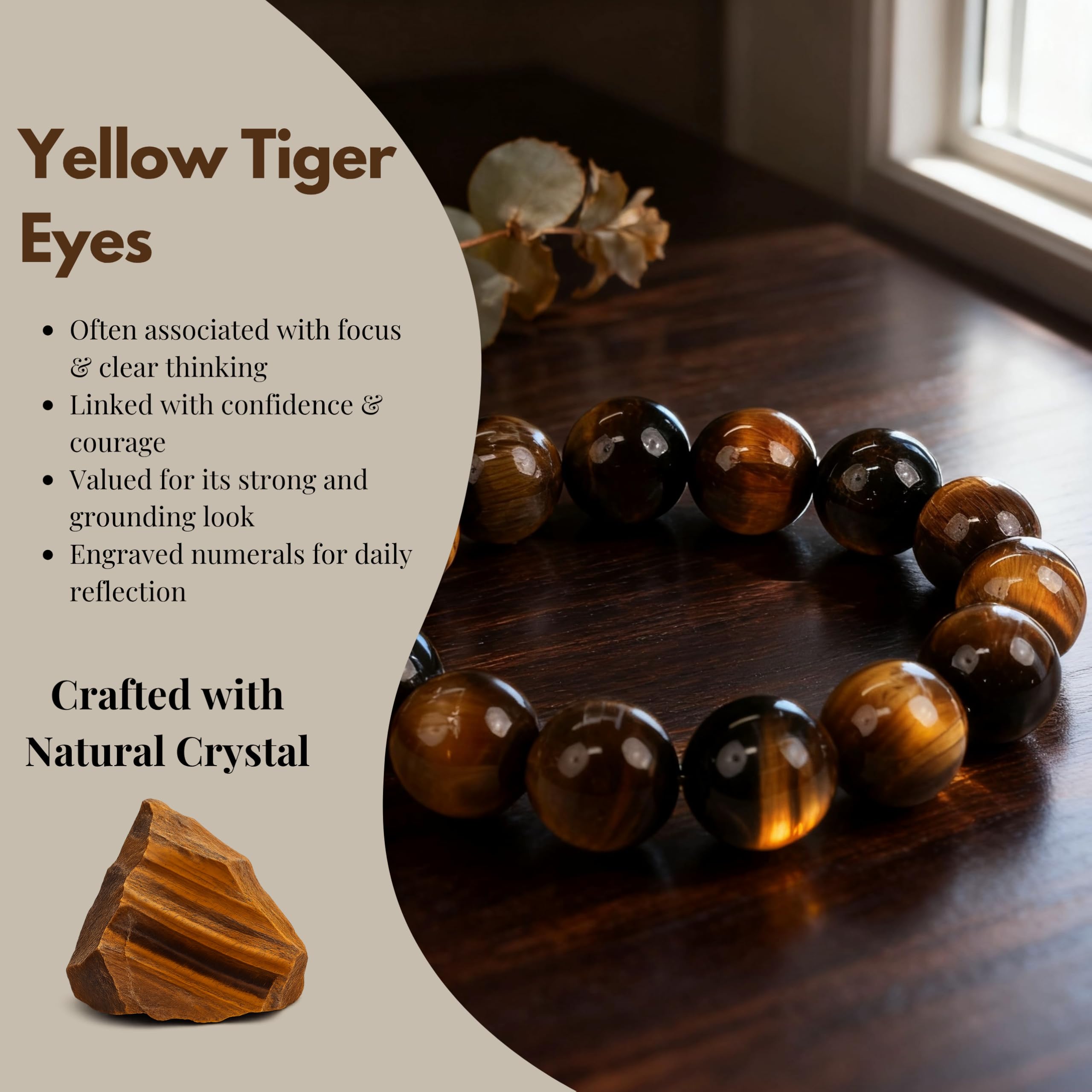 Cuentas de ojo de tigre brillantes en Dare to Mystic, ideal para confianza y enfoque.