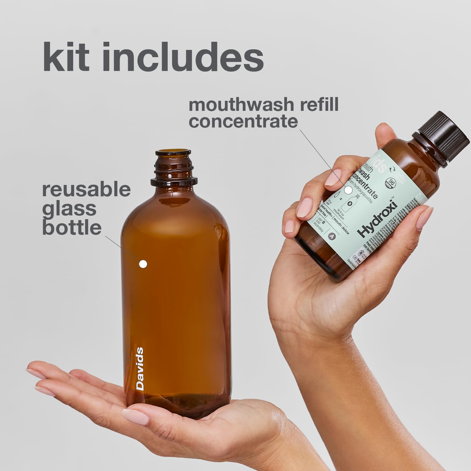Davids Hydroxi botella de vidrio reutilizable para rellenar.