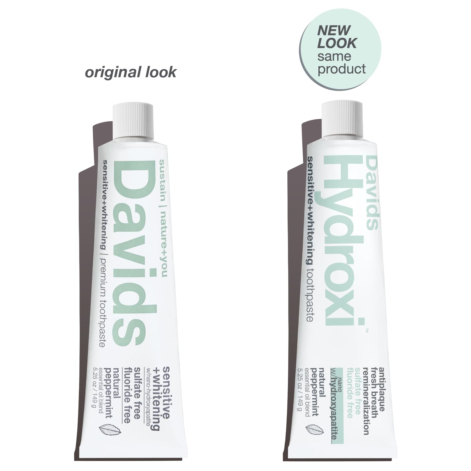 Davids Hydroxi, primer plano del tubo, remineralización suave y limpieza diaria.