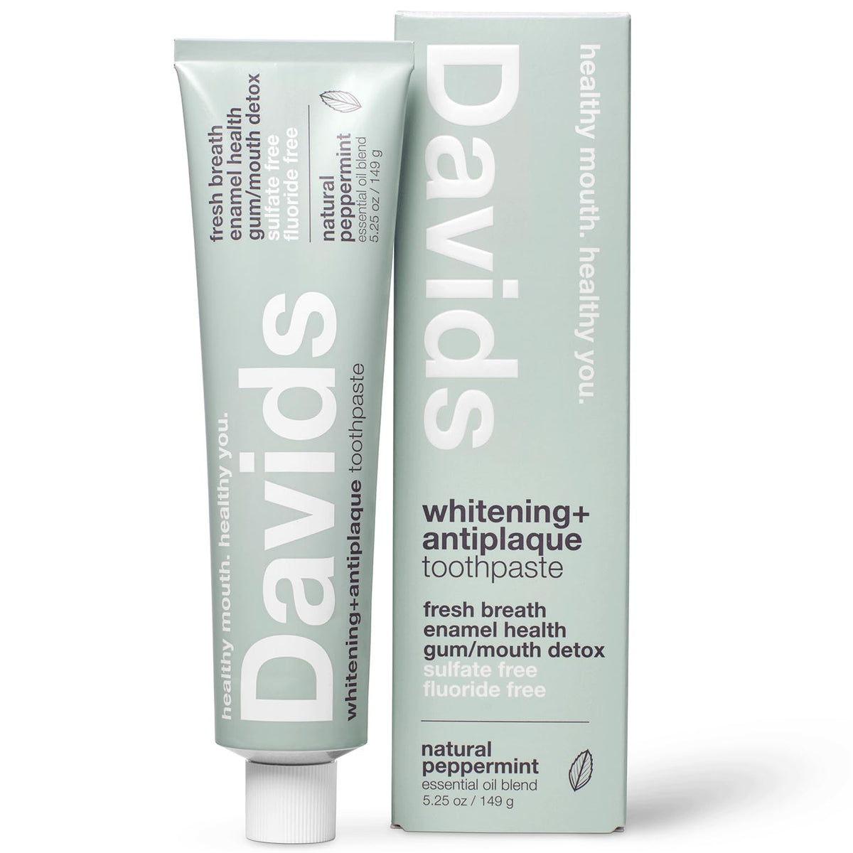 Pasta dental Davids sin fluoruro con menta fresca para uso diario.
