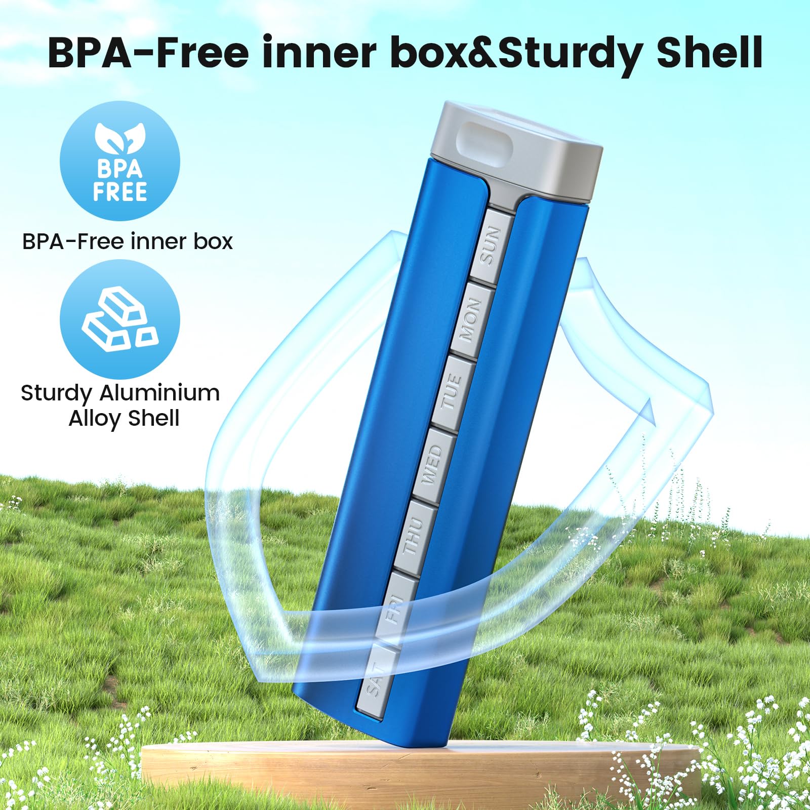 Daviky diseño de 7 compartimentos semanales para dosis diarias.