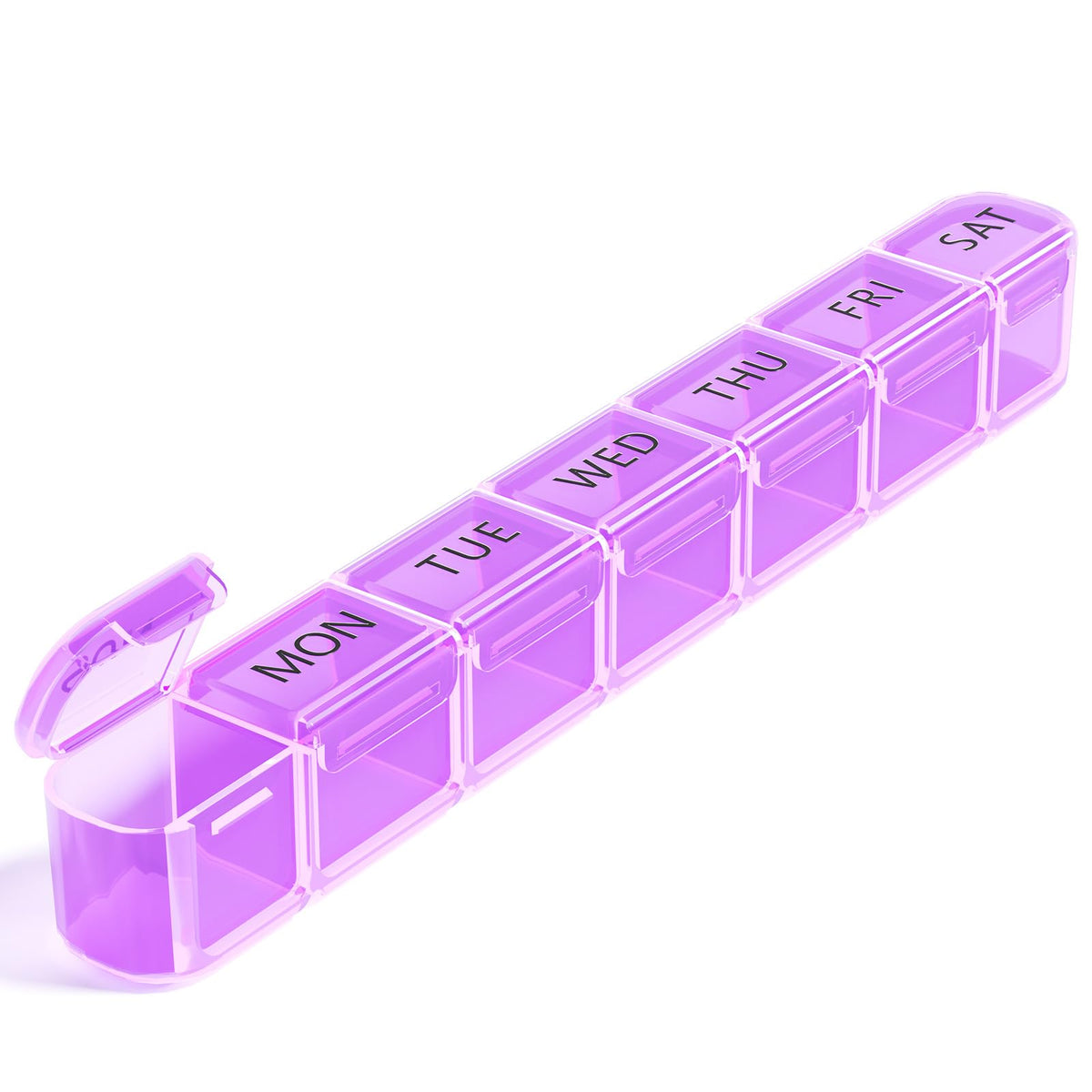 Daviky organizador semanal morado, vista frontal para la organización diaria de pastillas.