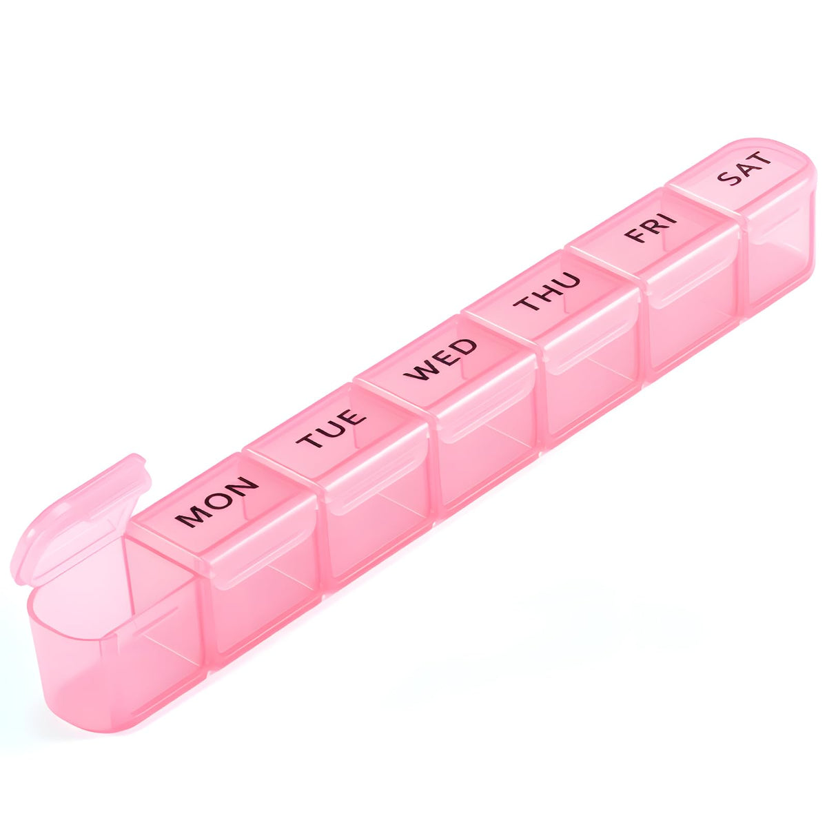 Daviky organizador semanal rosa, vista frontal, acceso sencillo para pastillas.