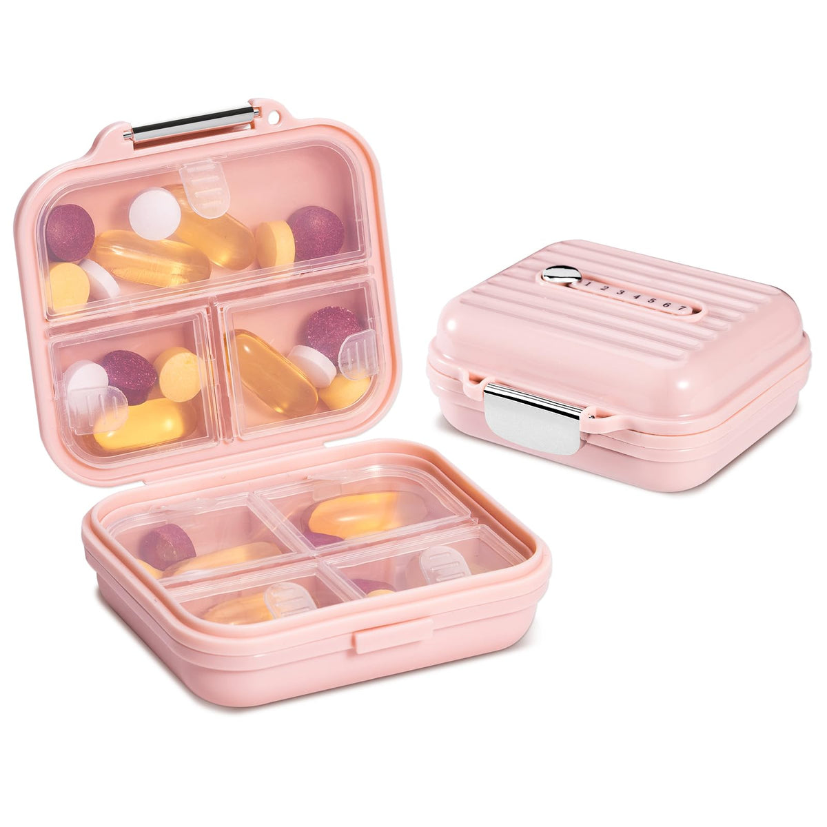 Daviky organizador-pastillas rosa, práctico para viajar y llevar vitaminas.