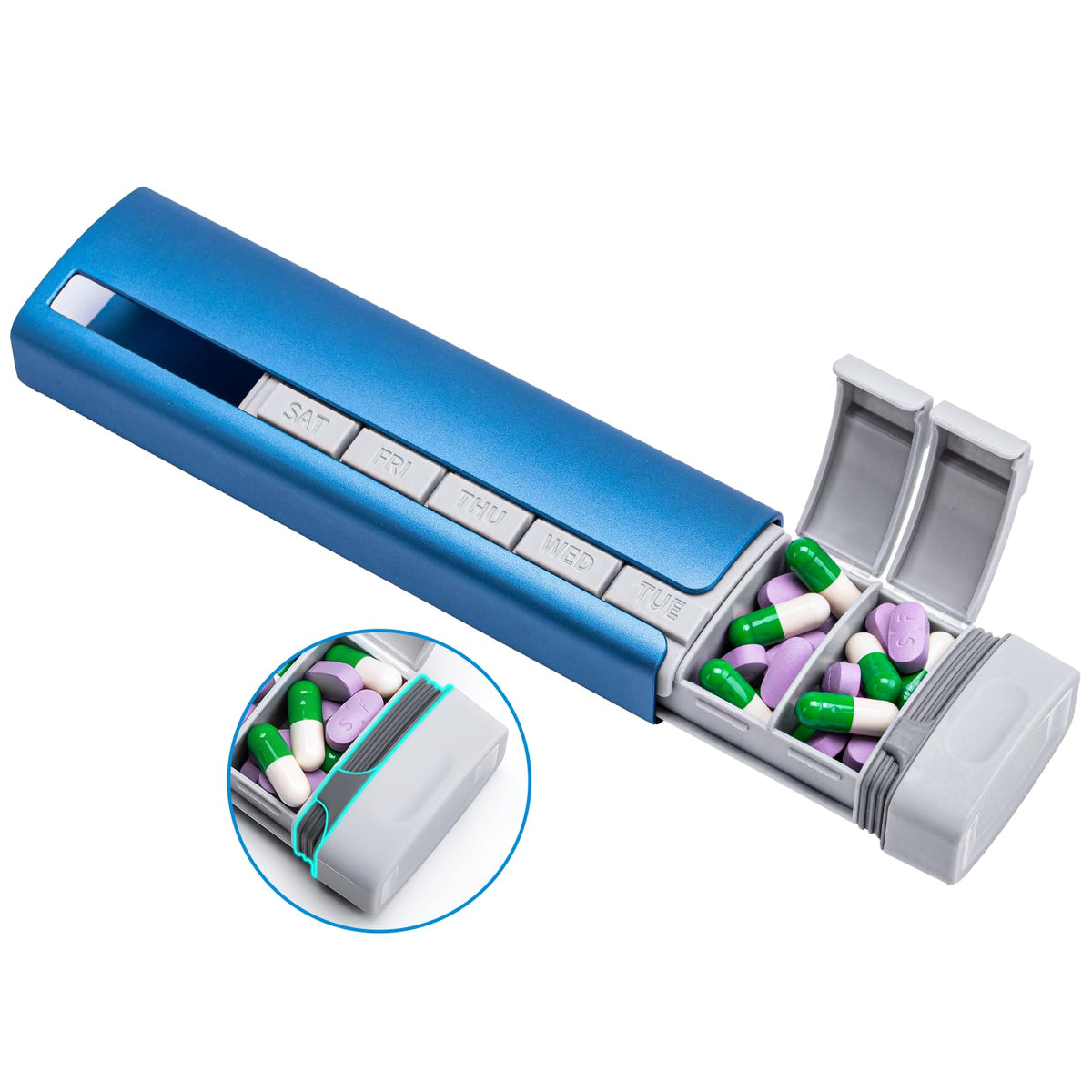 Daviky organizador de pastillas con carcasa de aluminio azul gris, ideal para viajar.