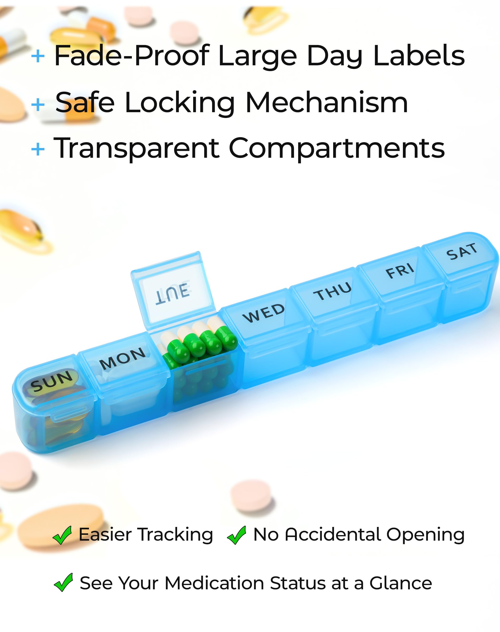 Davilky alta capacidad en compartimentos para vitaminas y suplementos.