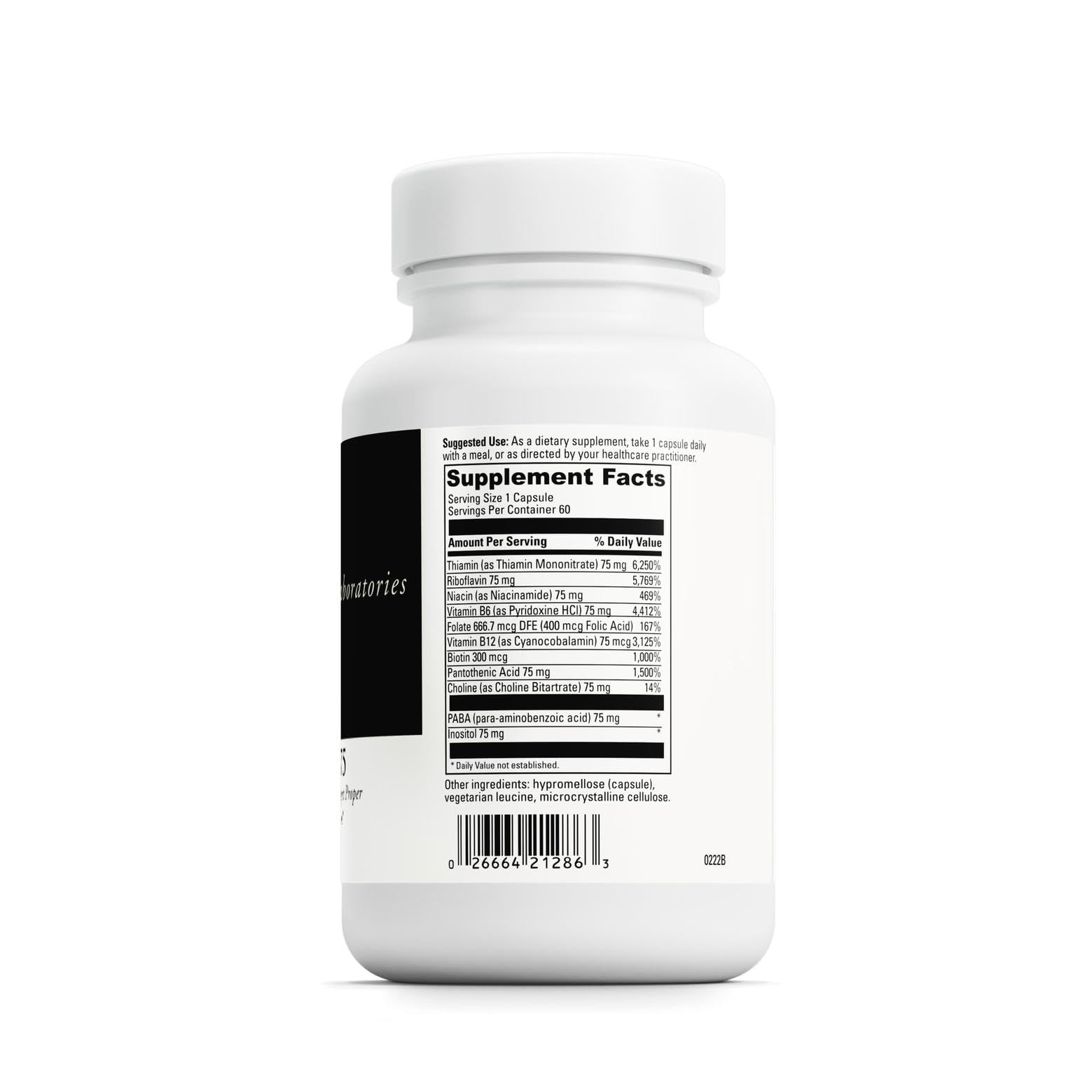 DAVINCI Labs B Complex-75, cápsulas en plato, toma diaria cómoda en tu rutina.