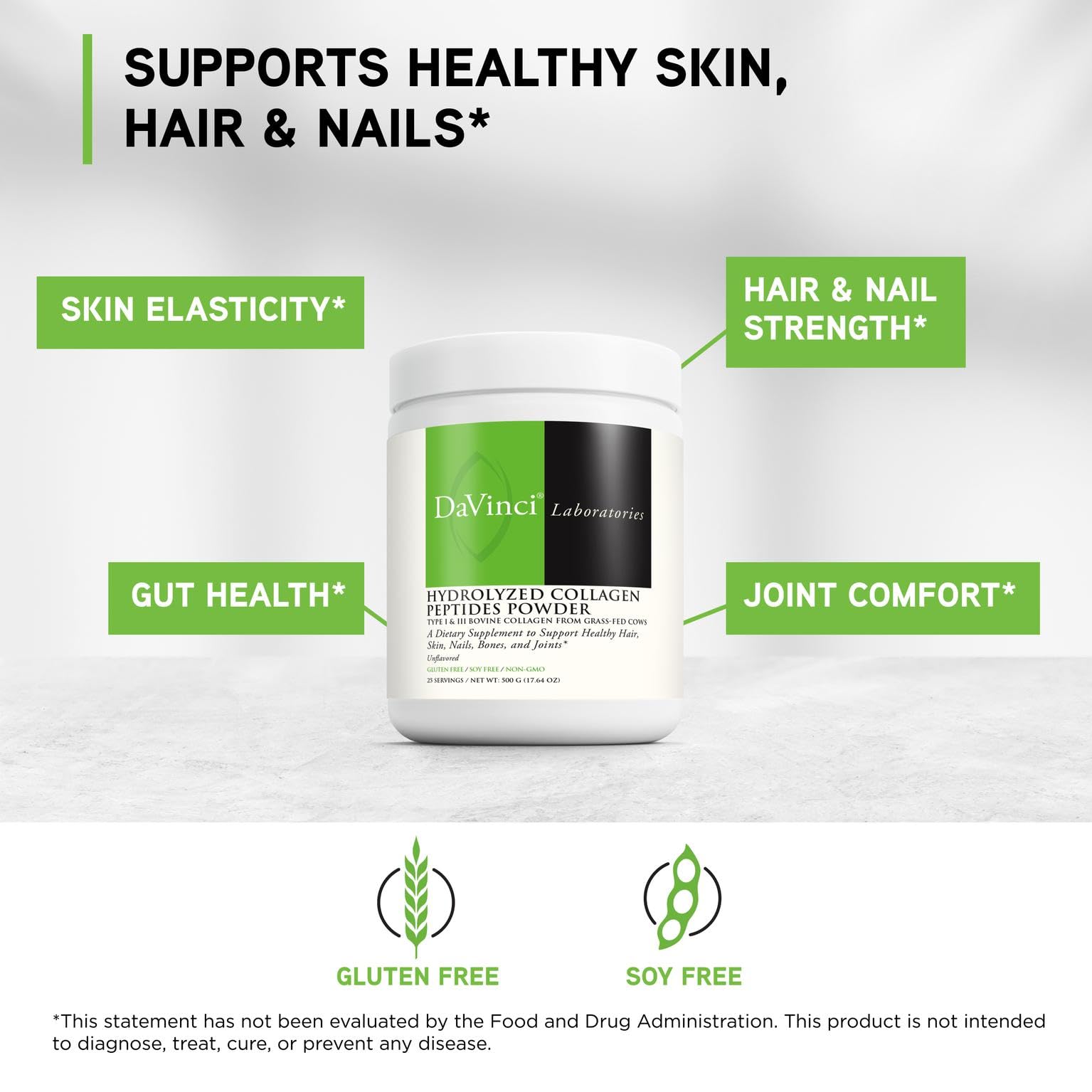 davinci-collagen-etiqueta-producto, libre de gluten y sin OGM.