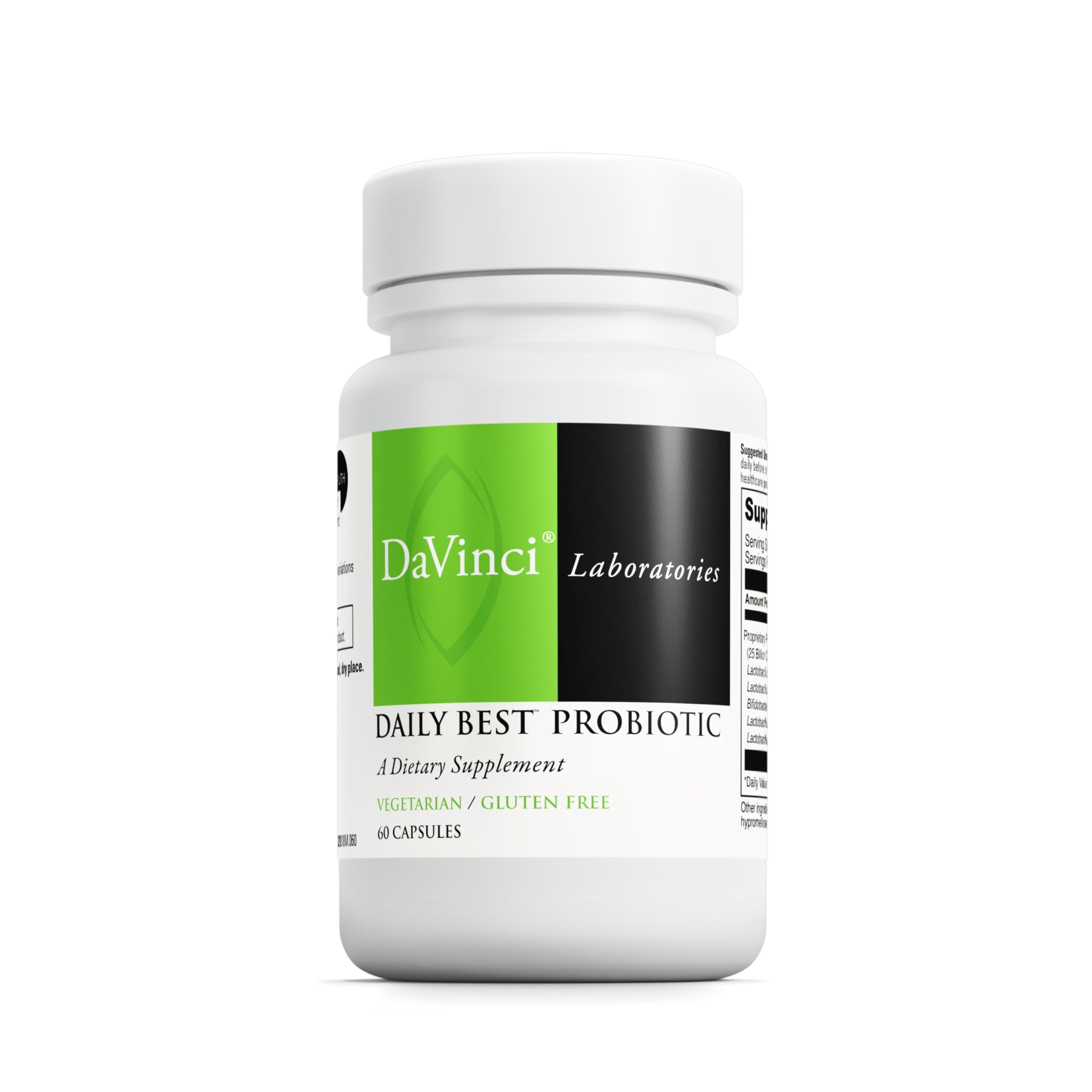 Davinci Daily Best Probiotic: botella con cápsulas para apoyo diario de la salud intestinal.
