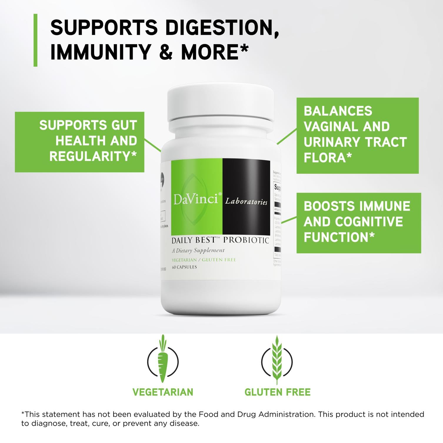 Davinci Daily Best Probiotic: etiqueta frontal clara con información útil para el consumidor.