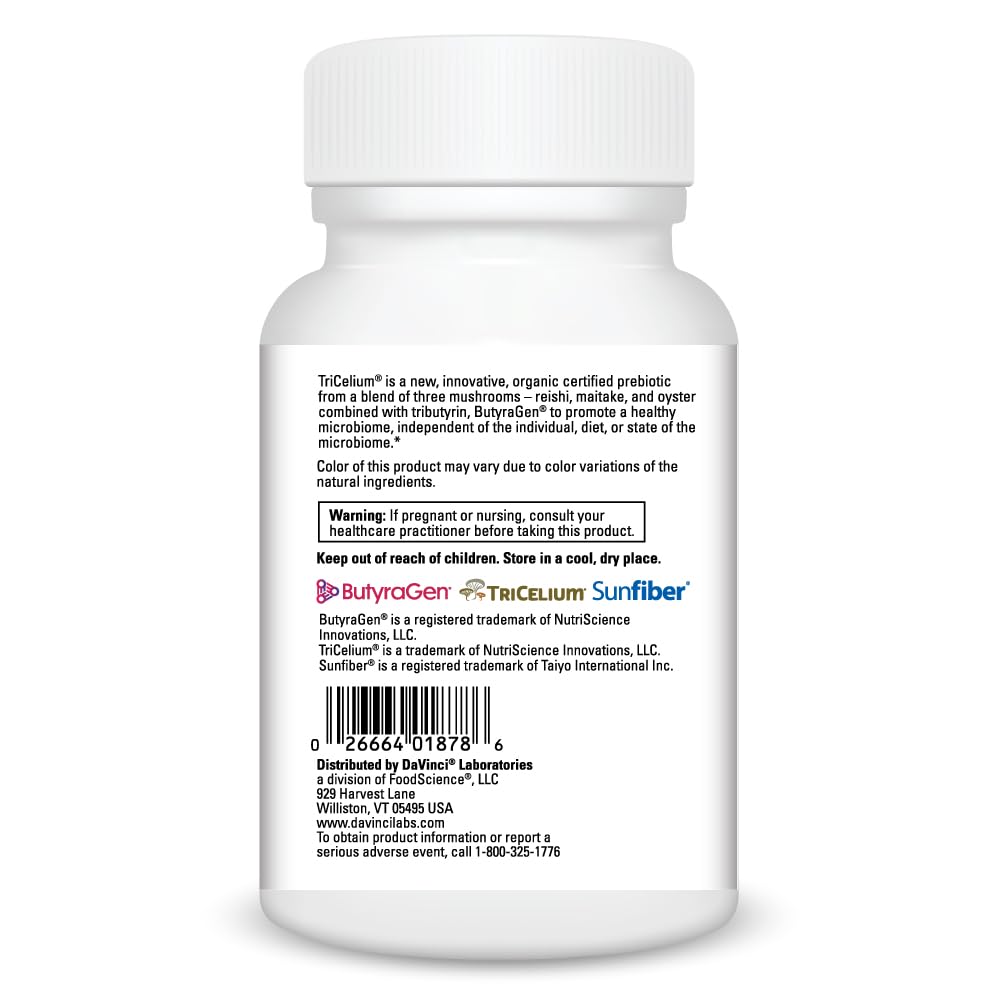 DAVINCI Ingredientes clave TriCelium y ButyraGen para salud intestinal.