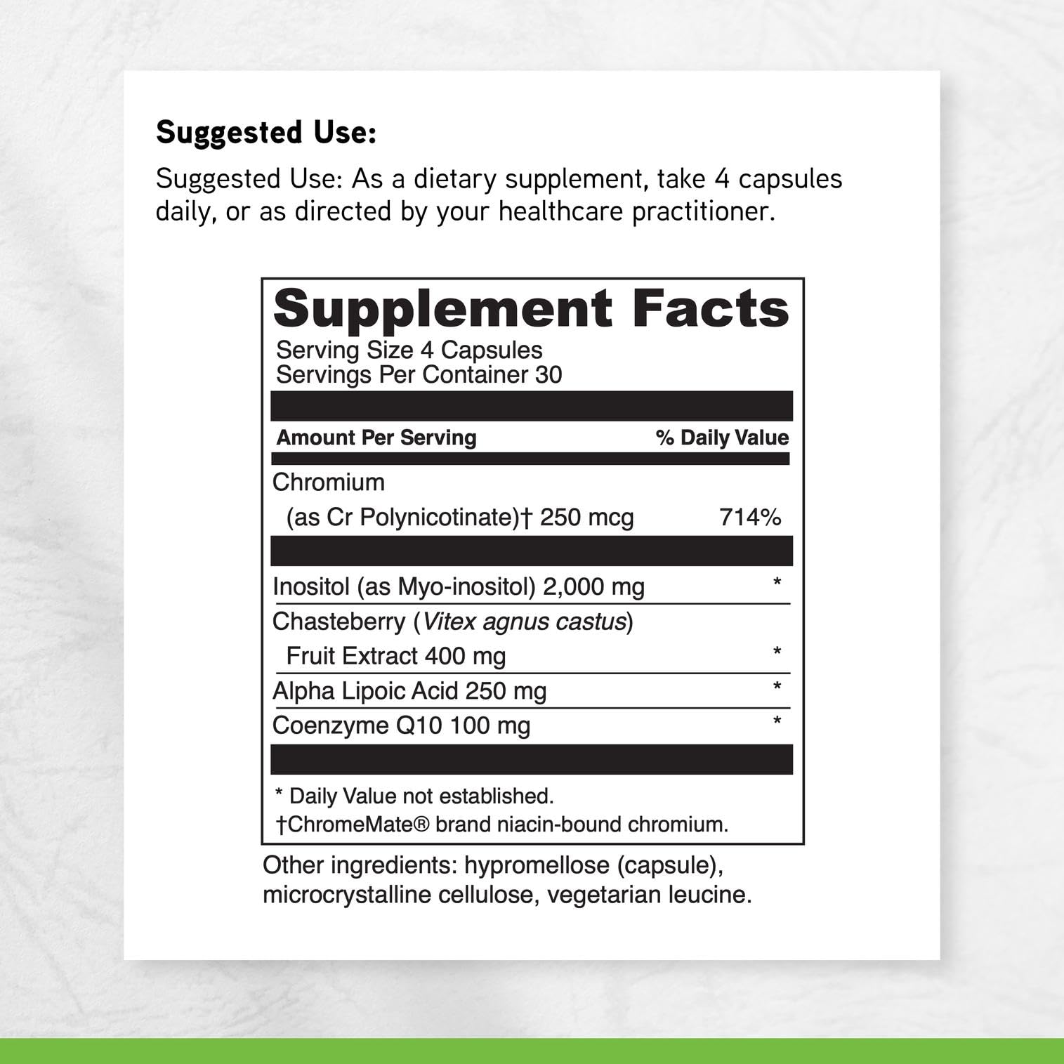 Davinci Inositol + Vitex Plus, envase vegetariano, libre de gluten y soja.