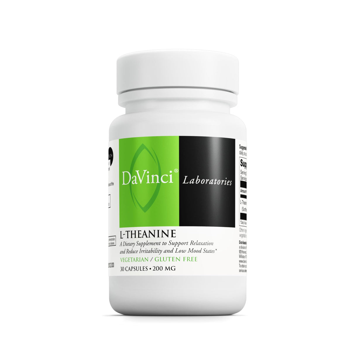 Davinci L-Theanine cápsulas vegetarianas de 200 mg para concentración y calma diarias.