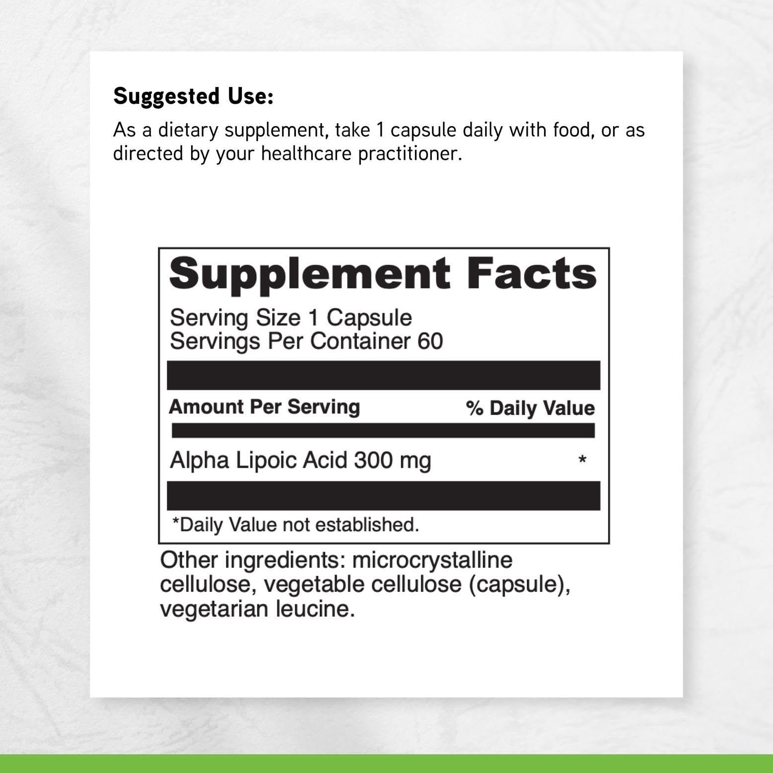 Empaque lateral DAVINCI Alpha Lipoic Acid 300, información clara y transparencia.