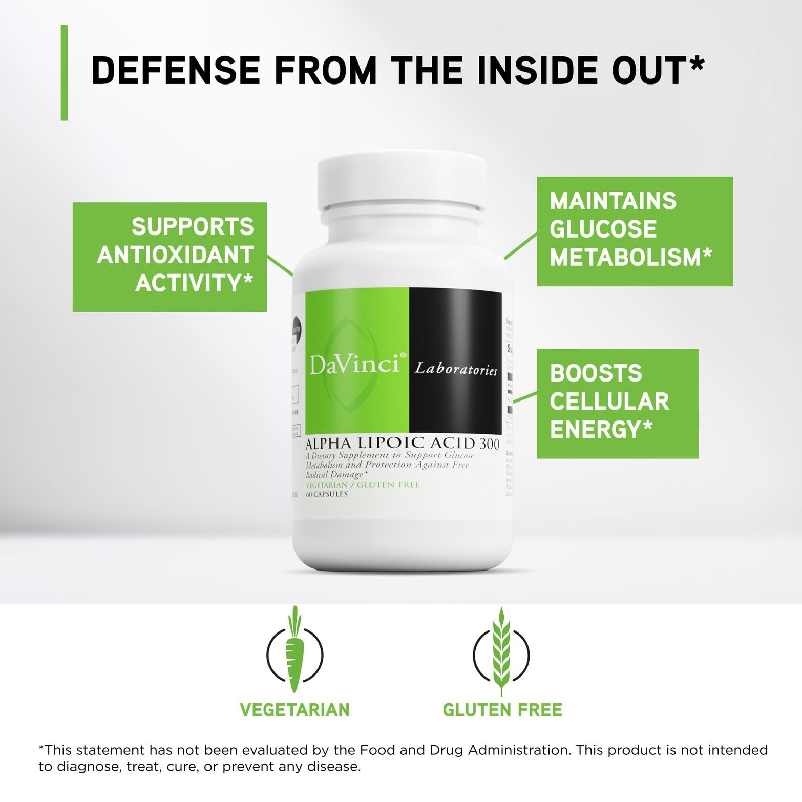 Etiqueta de DAVINCI Alpha Lipoic Acid 300, destaca glutatión y salud celular.