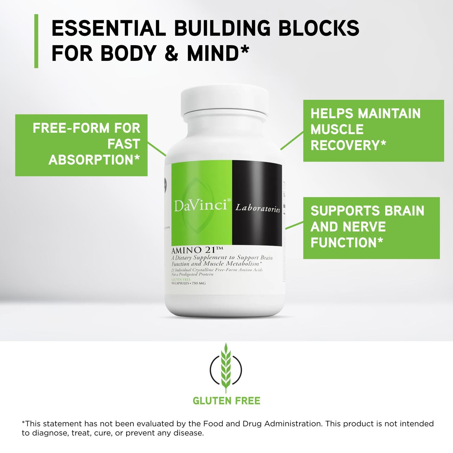 Davinci Labs Amino 21, cápsulas de 750 mg para absorción rápida.