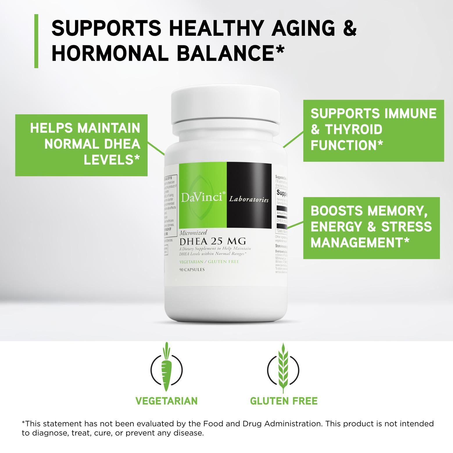 DAVINCI DHEA 25 mg: etiqueta clara que resalta pureza de ingredientes