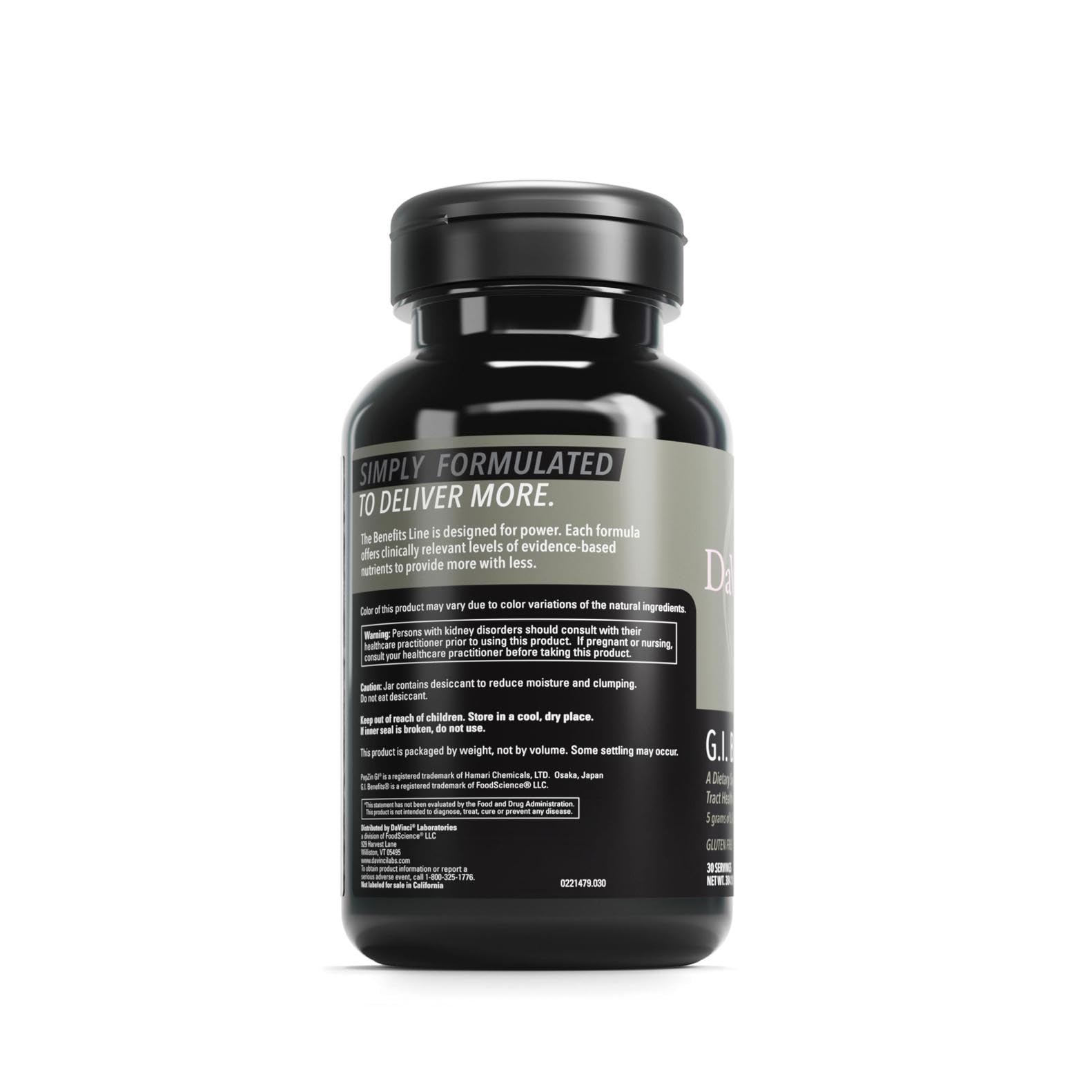 DAVINCI Labs GI Benefits, etiqueta clara con ingredientes