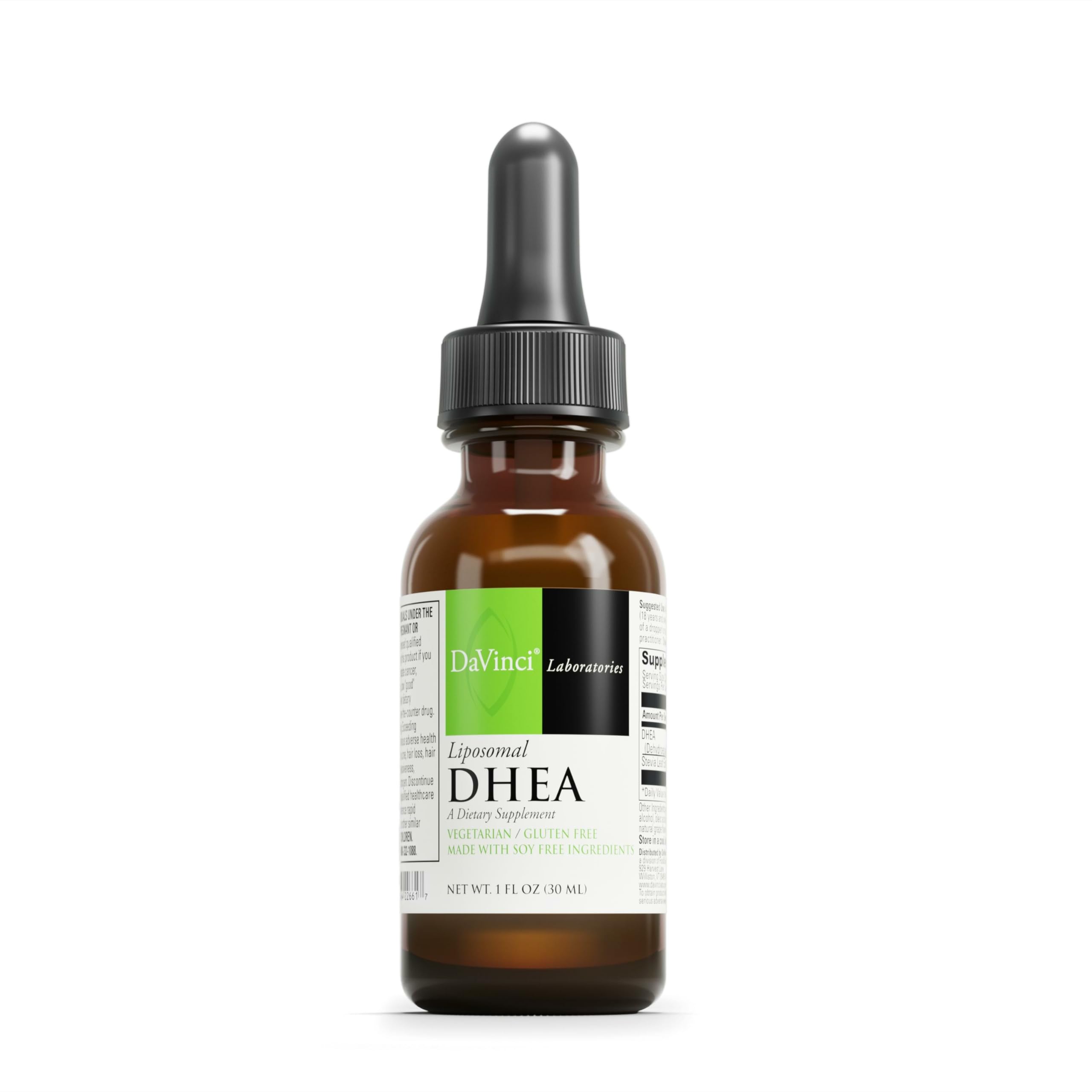 DAVINCI Labs Liposomal DHEA frasco frontal, posible apoyo al sistema inmune.