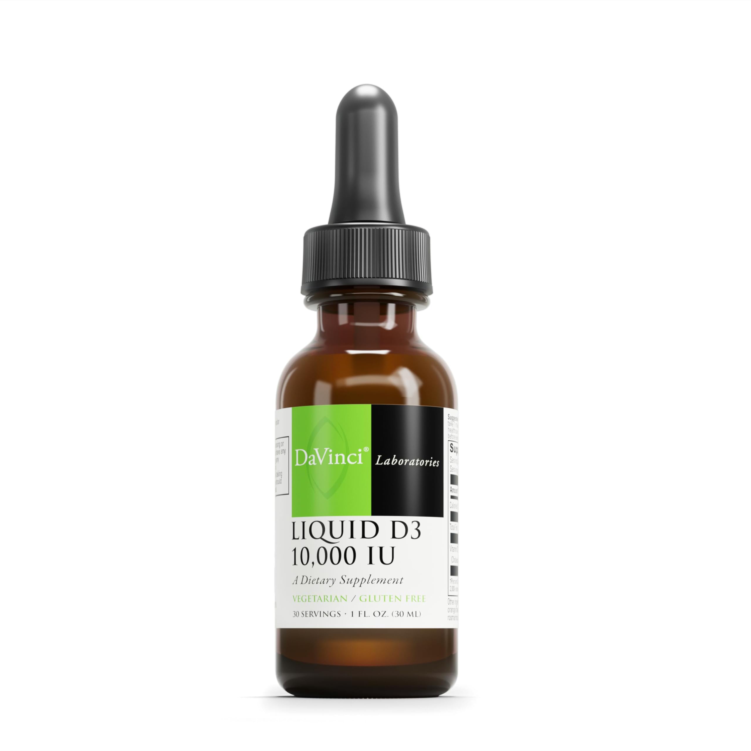 Davinci Labs Liquid D3: frasco con gotero para dosis precisas.