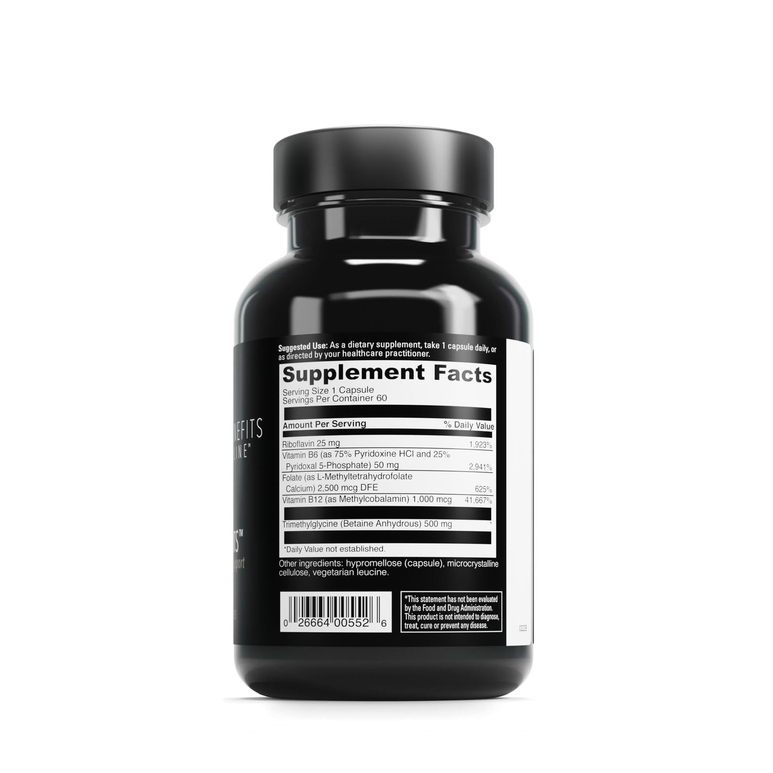 Etiqueta frontal de DAVINCI Methyl Benefits con vitaminas B6, B12 y folato para energía.