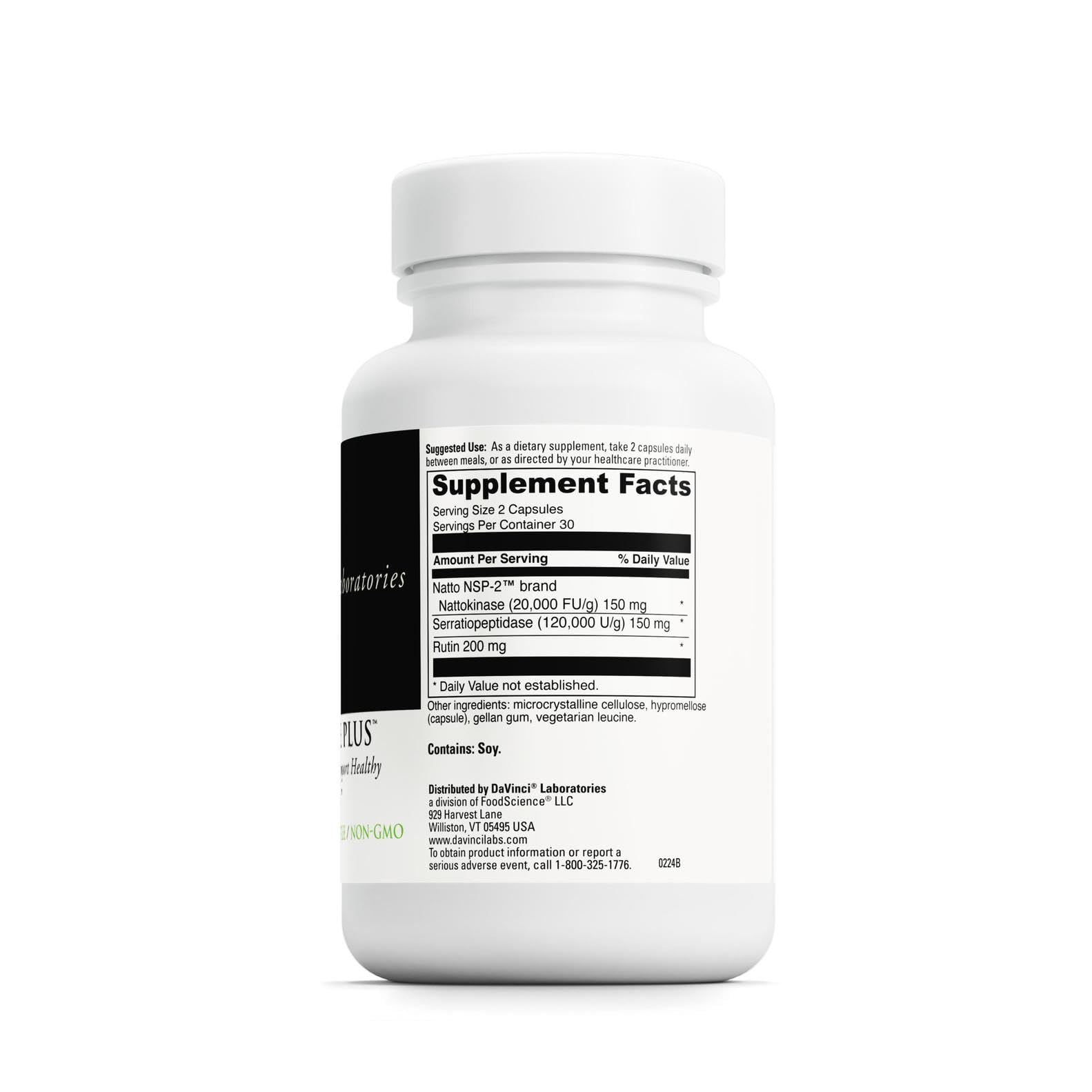 DaVinci Labs Nattokinase Plus, etiqueta frontal clara para información vascular