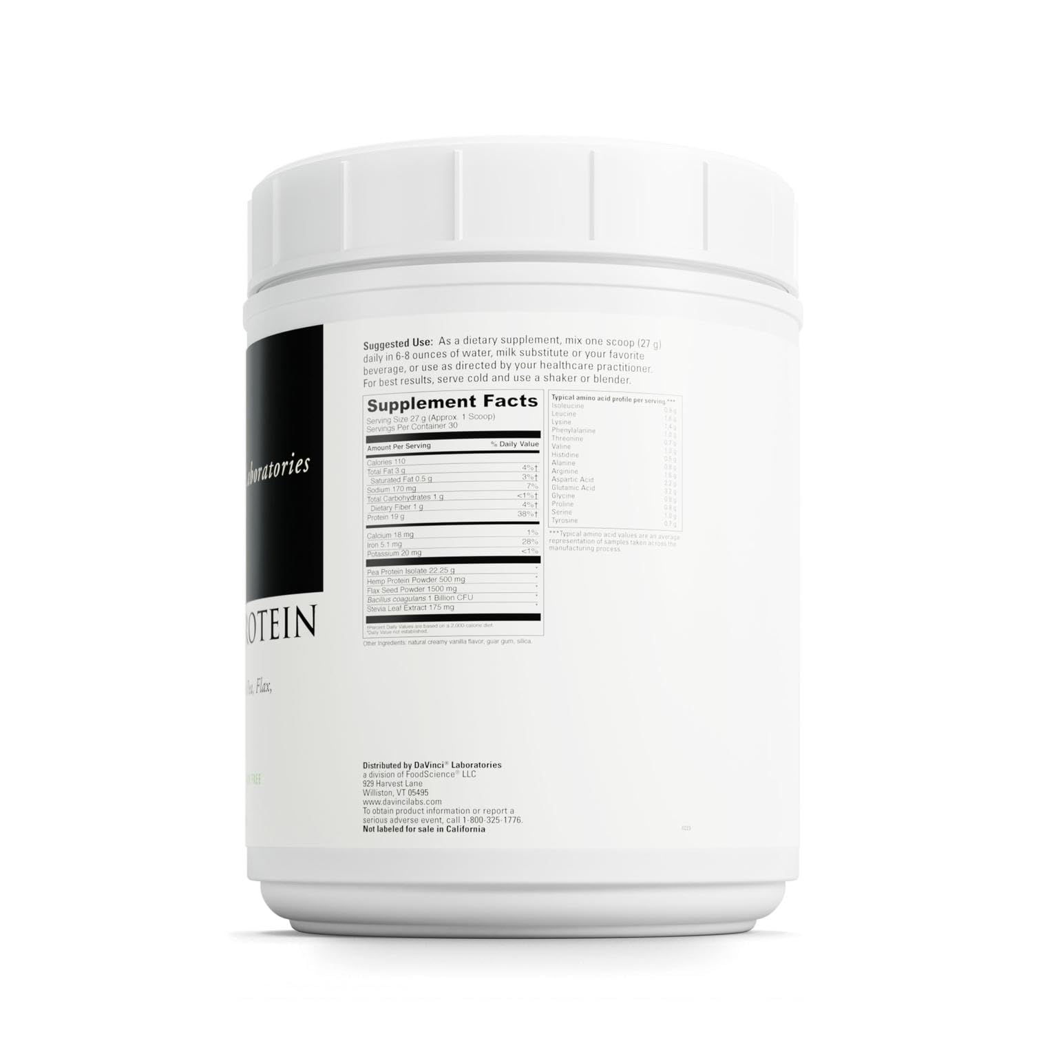 DAVINCI Labs Proteína vegana en polvo, trasera: información de ingredientes y beneficios