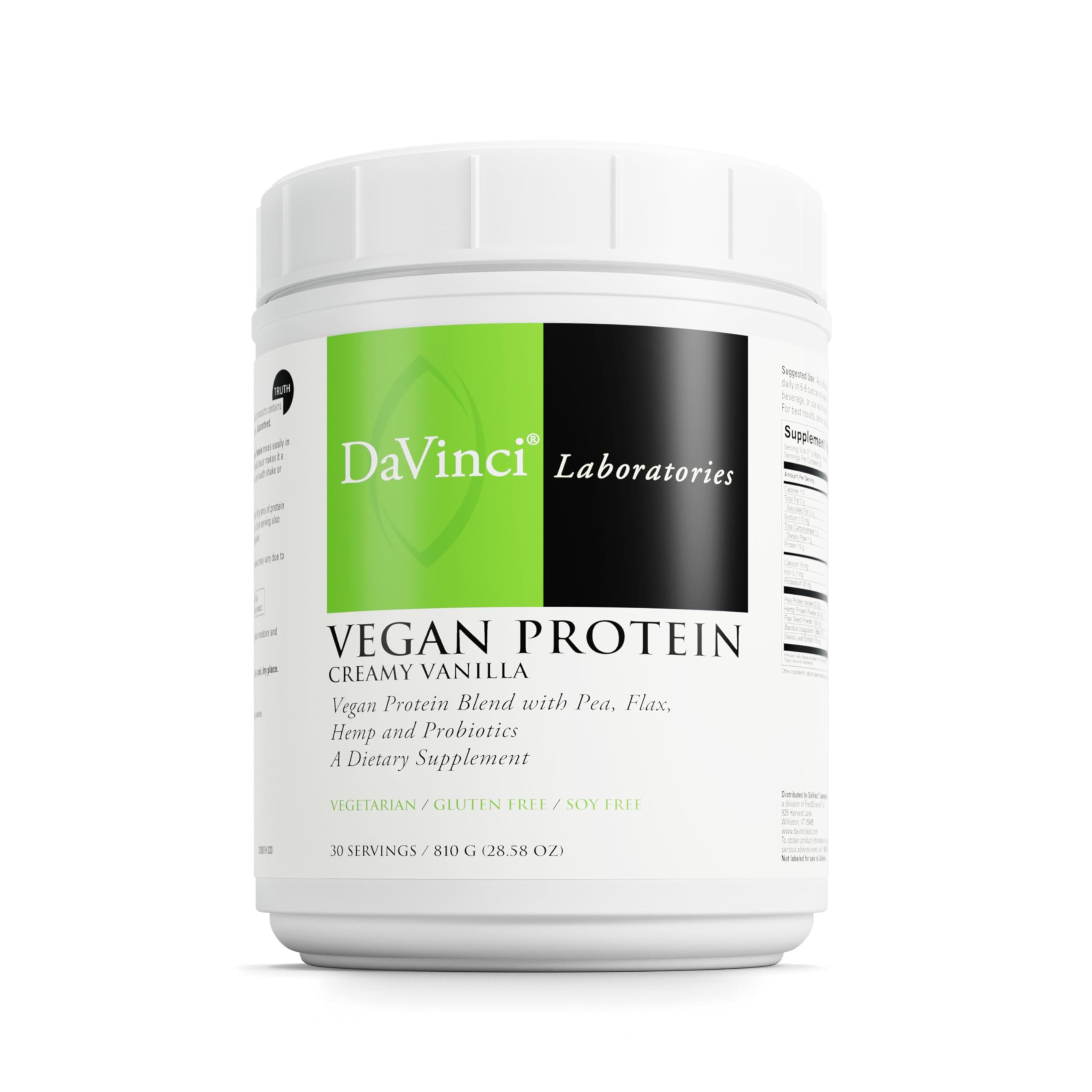 DAVINCI Labs Proteína vegana en polvo, frente: textura suave para batidos deliciosos