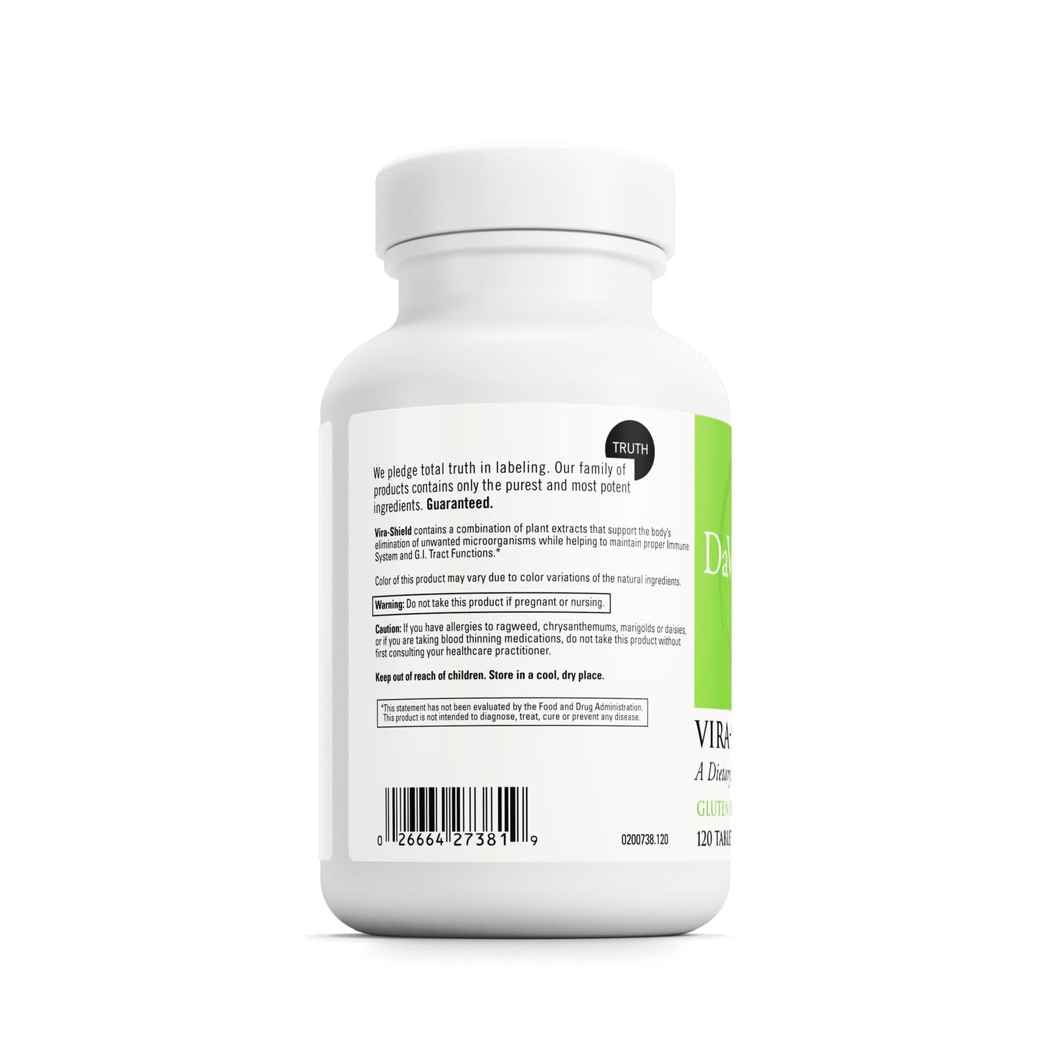 Etiqueta frontal de DAVINCI Vira-Shield, ingrediente clave para posible apoyo detox.