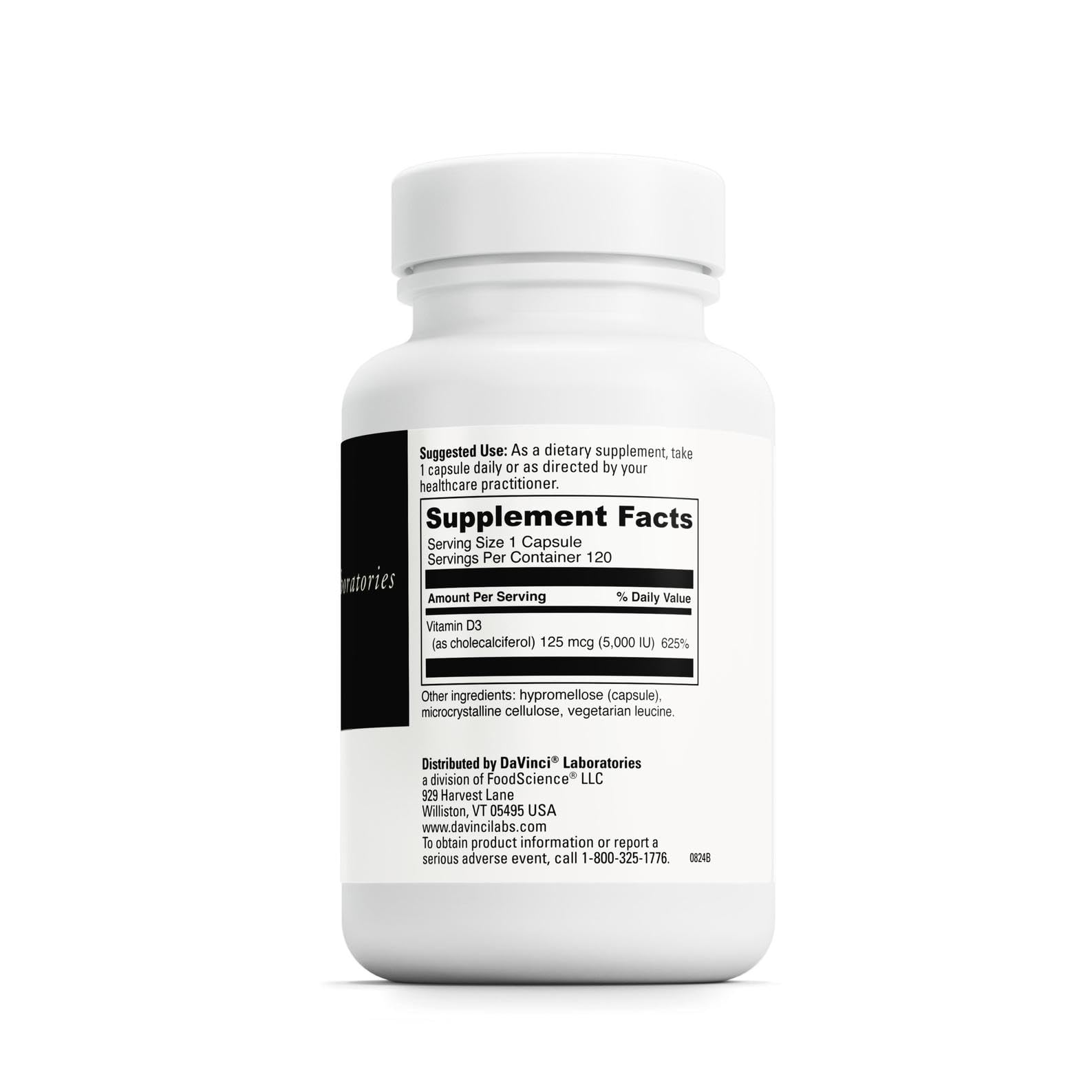DAVINCI Labs Vitamina D3 5000 UI: etiqueta frontal que resalta pureza y potencia
