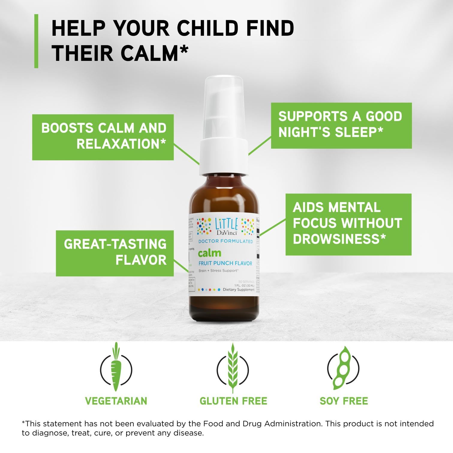 Davinci Little Calm etiqueta frontal con ingredientes naturales y beneficios visibles.
