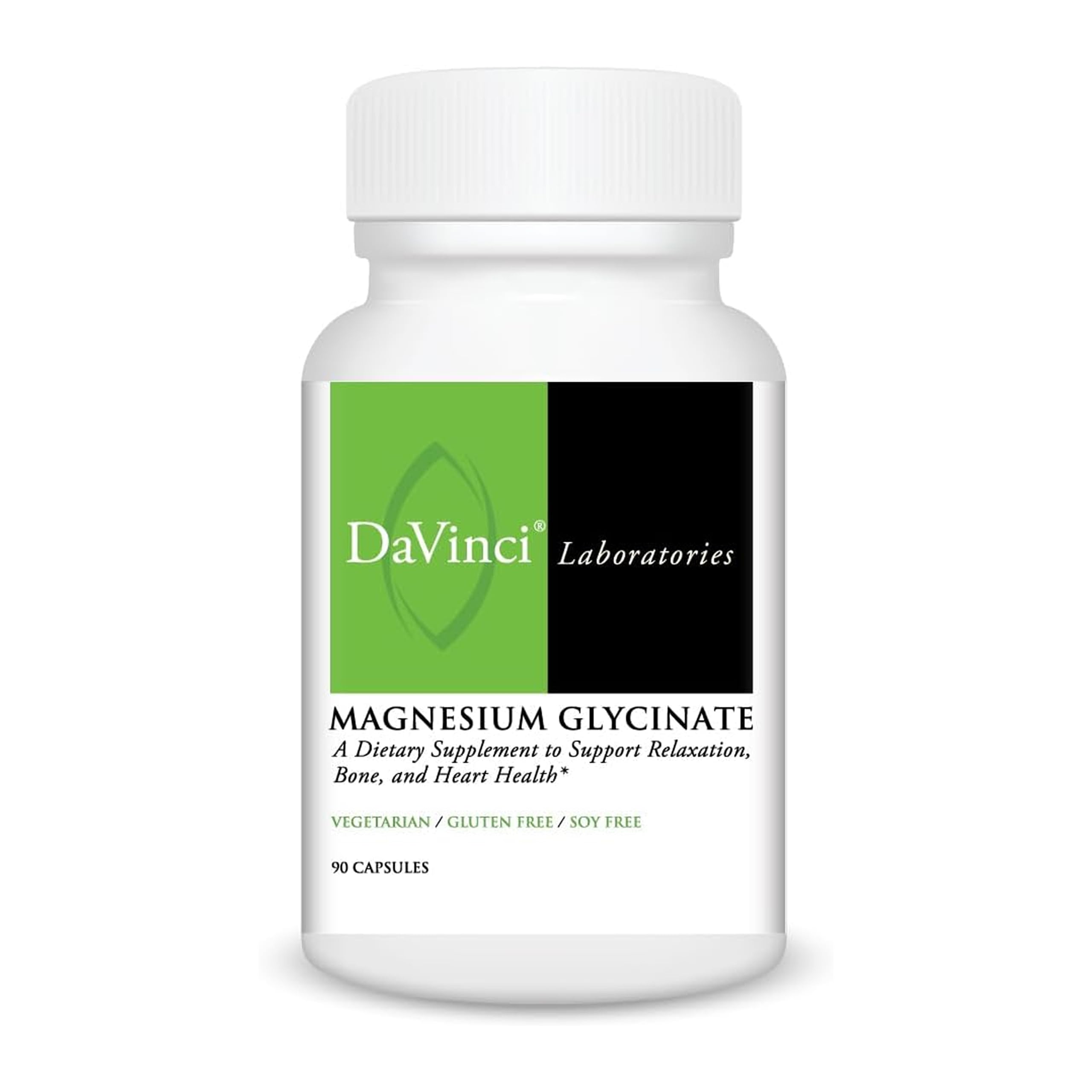 DaVinci Magnesium Glycinate: botella-frente, apoyo suave para huesos y sueño.