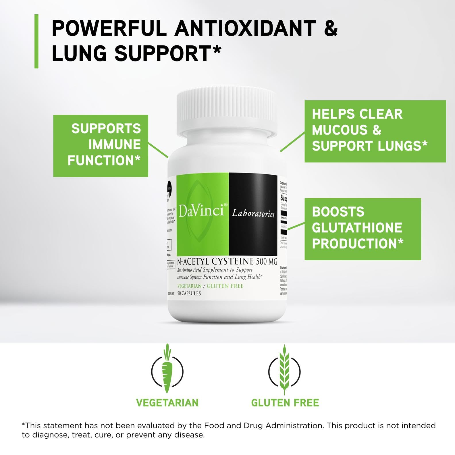 DAVINCI NAC 500 mg - etiqueta clara con ingredientes y beneficios.