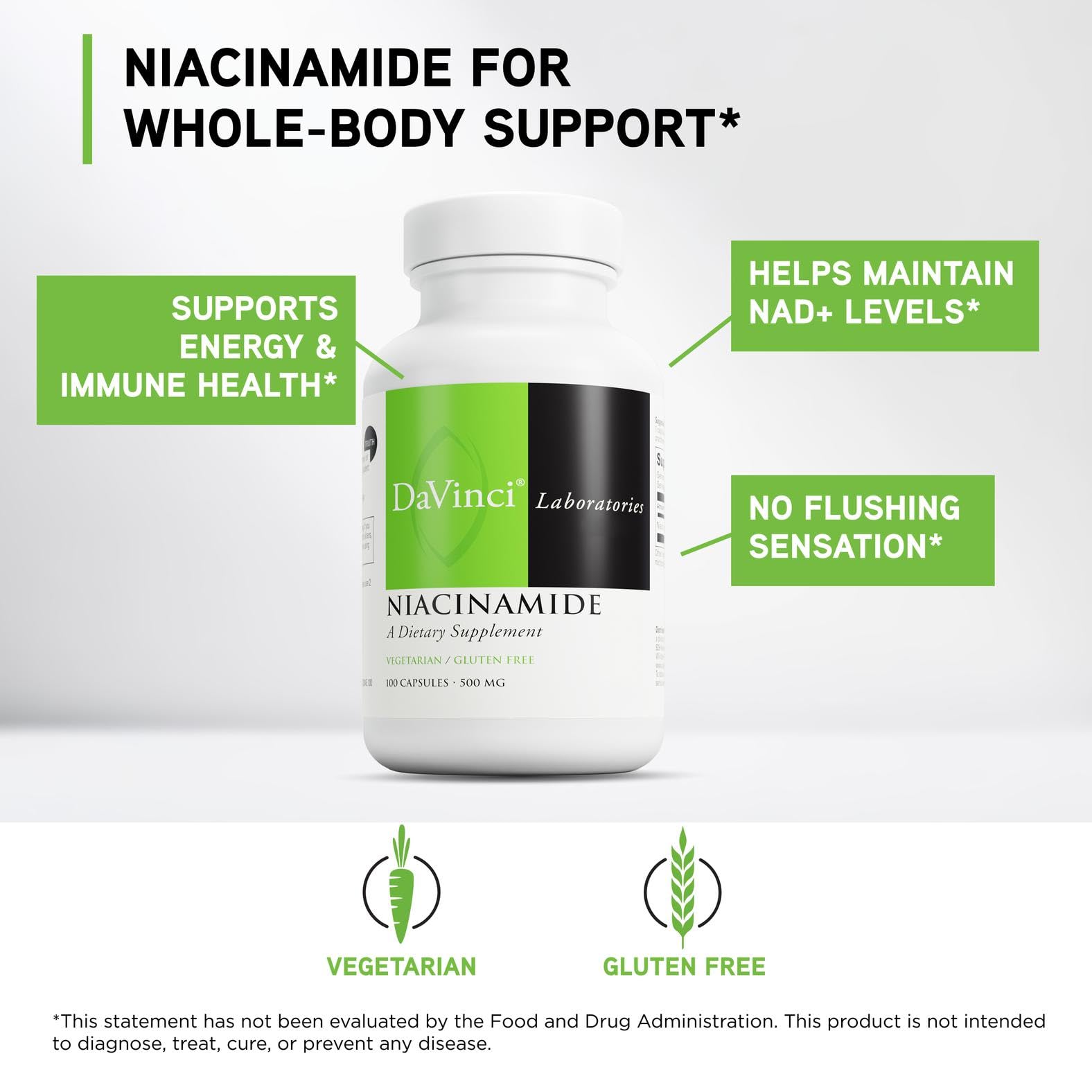 Davinci Niacinamida botella vegetariana apta para dietas.