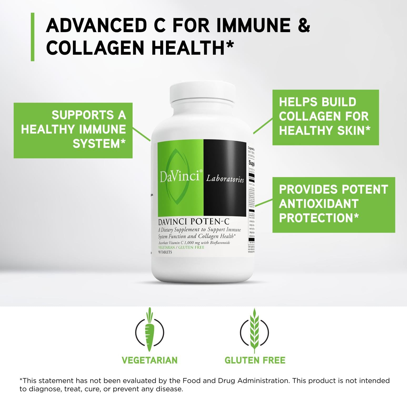 DAVINCI Poten-C: etiqueta clara con ingredientes y beneficios principales.