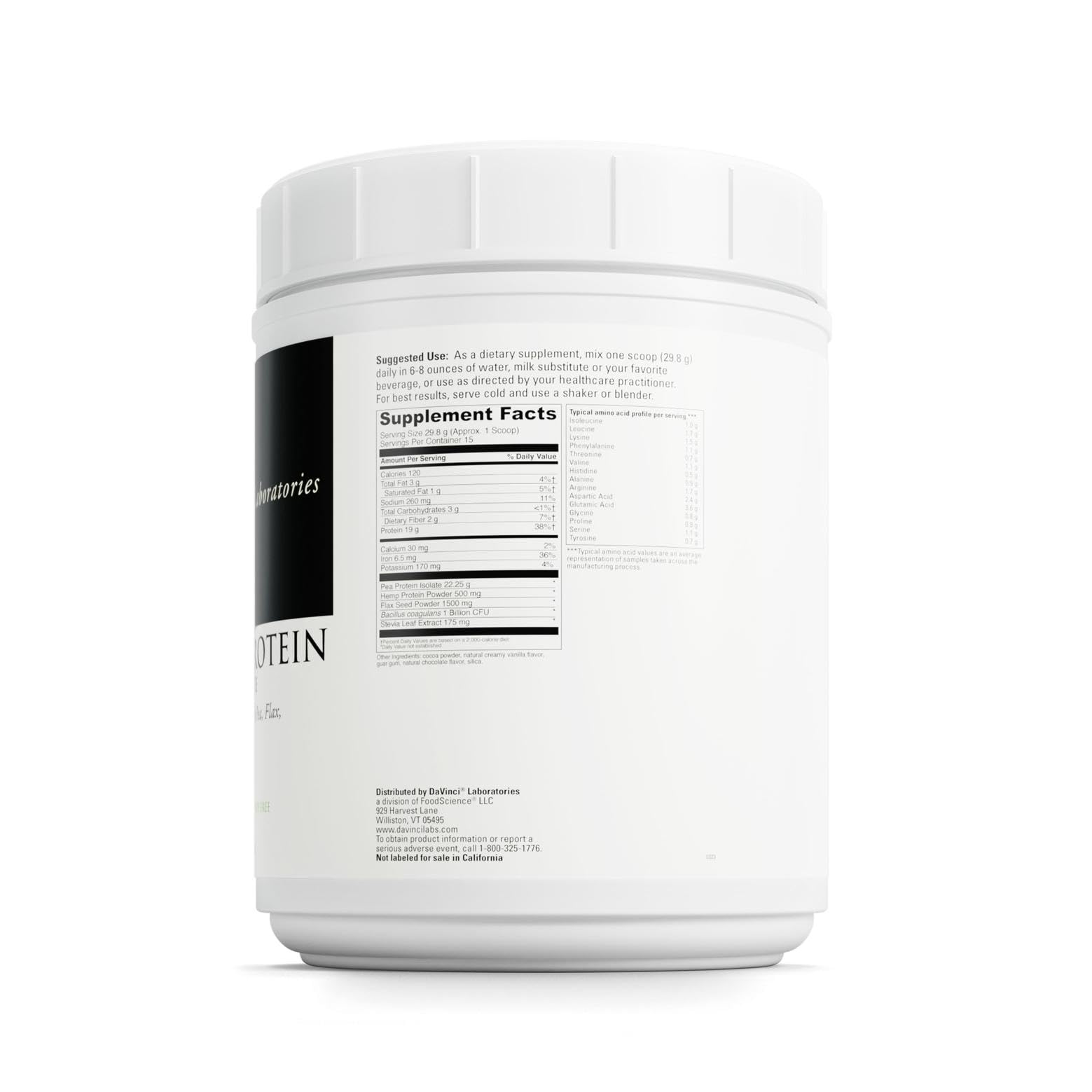 Davinci Proteína Vegana en bote de 894 g porciones fáciles de medir.