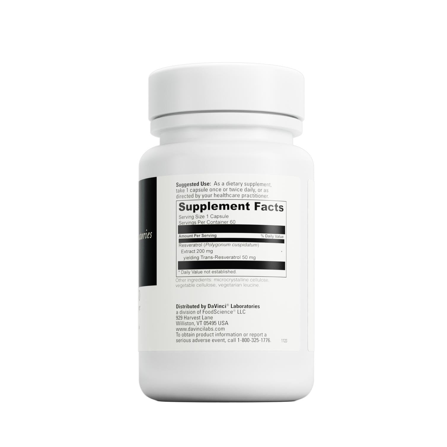 DAVINCI Resveratrol-50, botella lateral, cápsulas vegetarianas sin gluten.