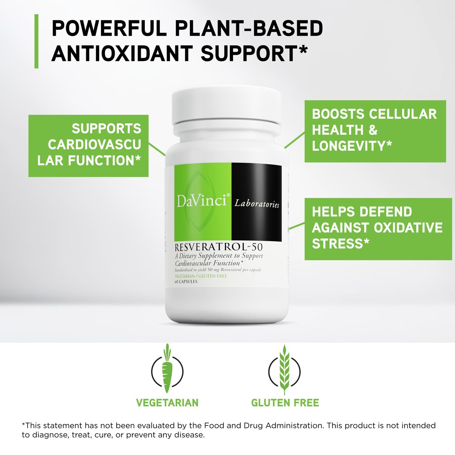 DAVINCI Resveratrol-50, etiqueta frontal, extracto de Polygonum cuspidatum.