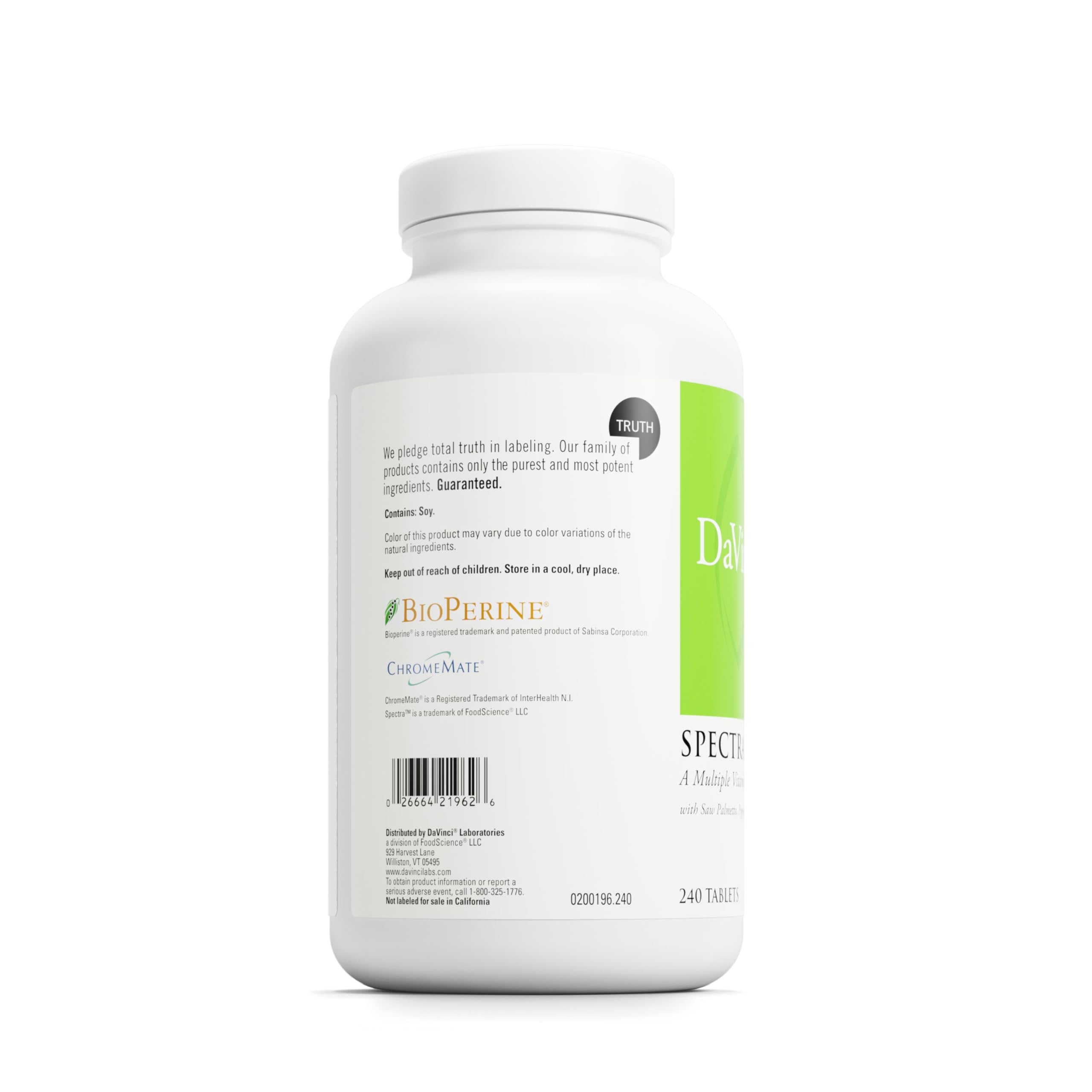 Davinci Spectra Man, etiqueta del producto, claridad sobre ingredientes clave.