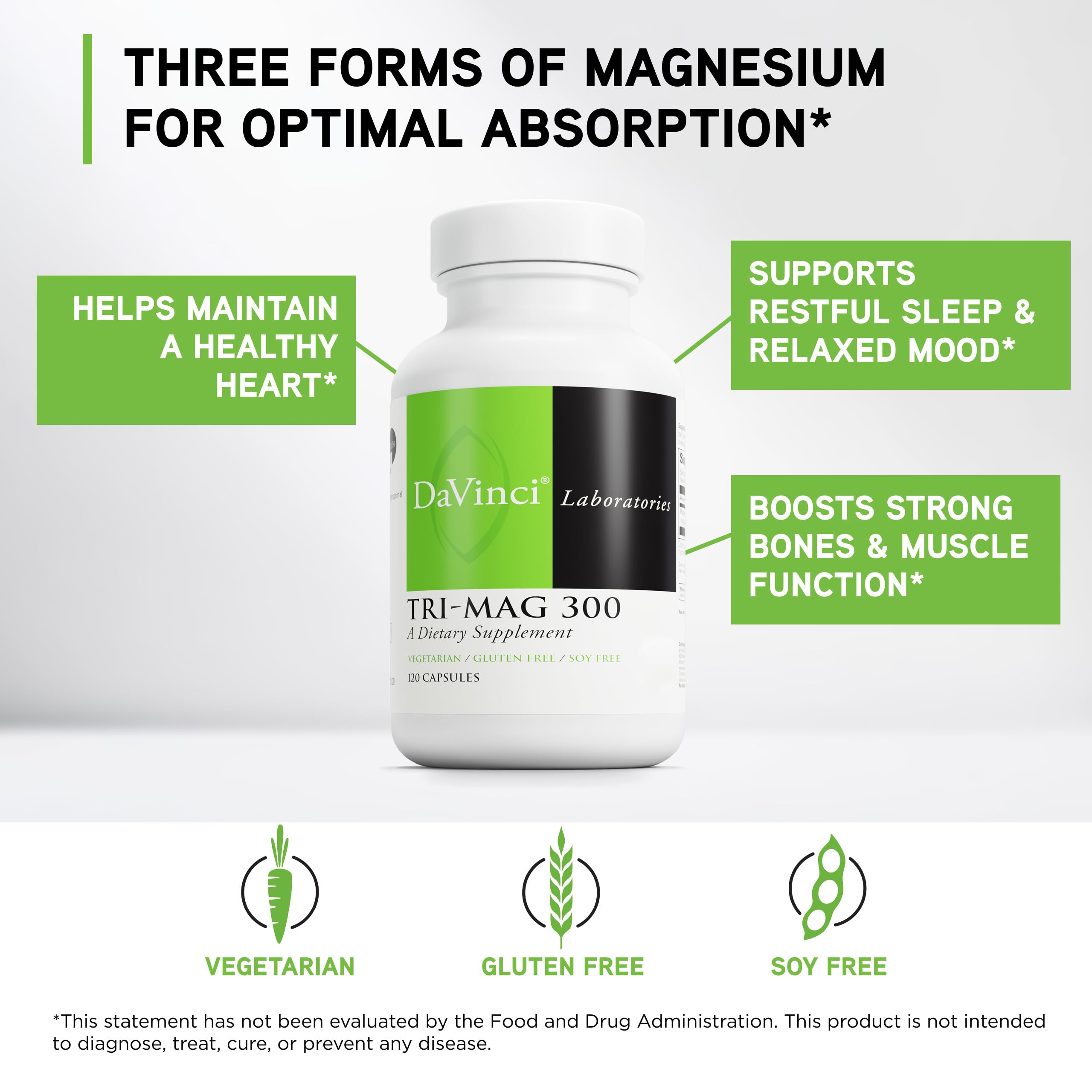 Etiqueta frontal de DAVINCI Tri-Mag 300 mostrando fórmula de magnesio triple.