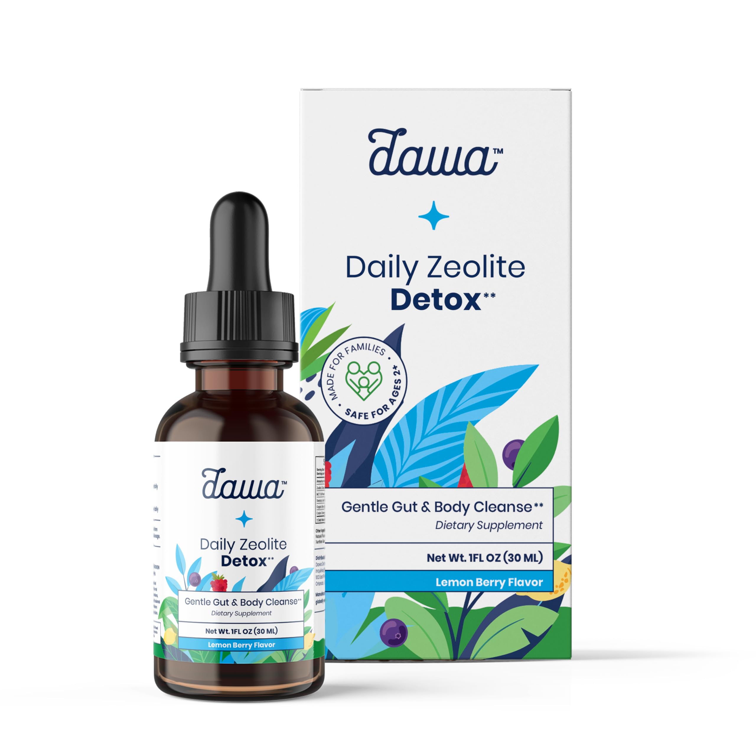Dawa Detox frasco con clinoptilolita para limpieza diaria suave.