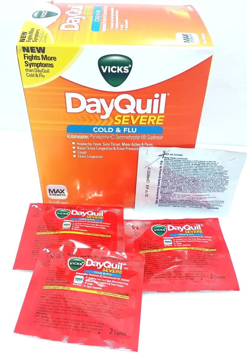 DayQuil cápsulas individuales en empaque naranja para alivio diurno de síntomas del resfriado
