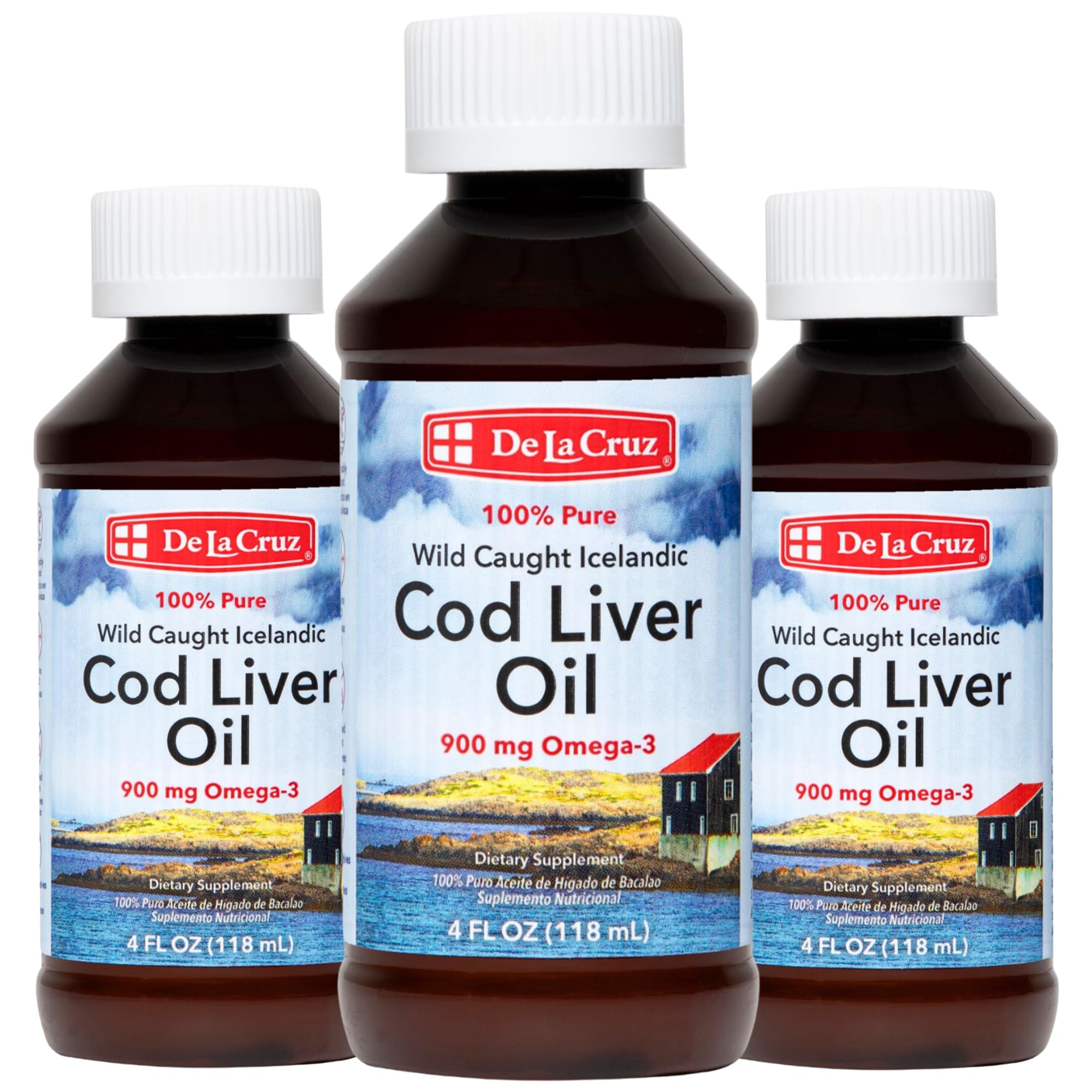 De La Cruz Aceite de Hígado de Bacalao islandés en botella, ideal para uso diario.