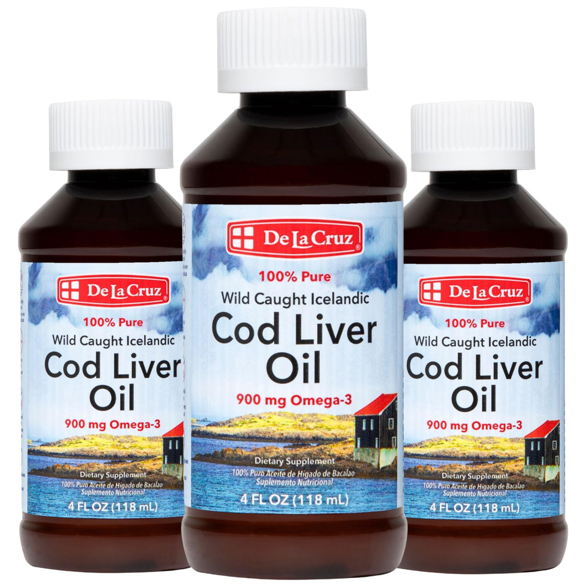 De La Cruz Aceite de Hígado de Bacalao islandés en botella, ideal para uso diario.